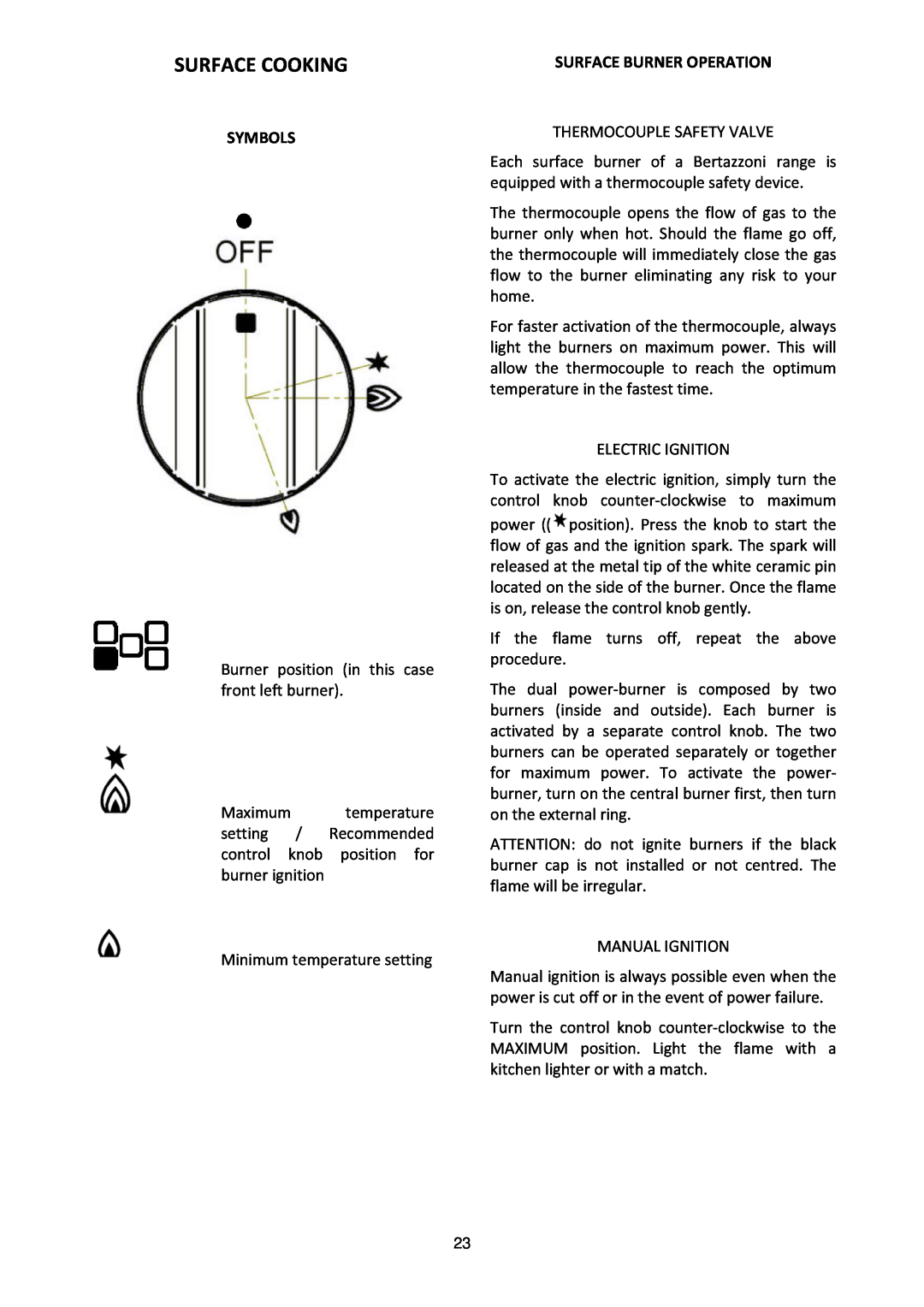 Bertazzoni MAS365GASXT, MAS365GASXE manual Surface Cooking, Symbols, Surface Burner Operation 