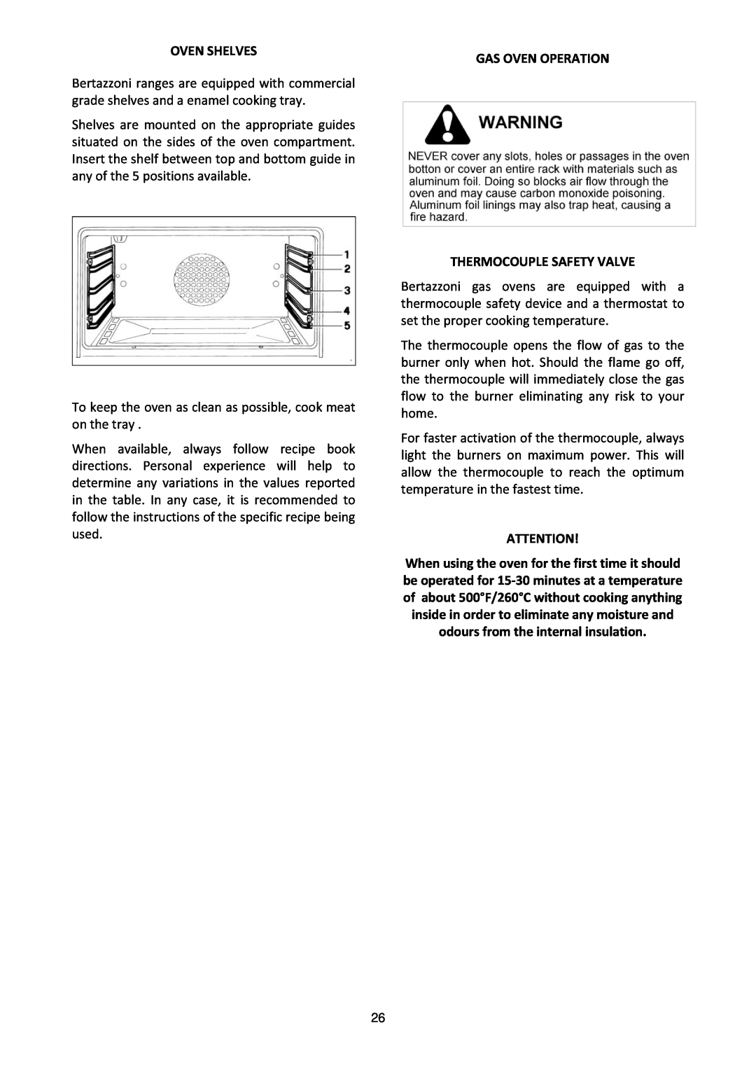 Bertazzoni MAS365GASXE, MAS365GASXT manual Oven Shelves, GAS Oven Operation Thermocouple Safety Valve 