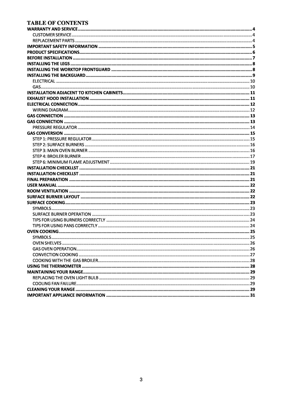 Bertazzoni MAS365GASXT, MAS365GASXE manual Table of Contents 