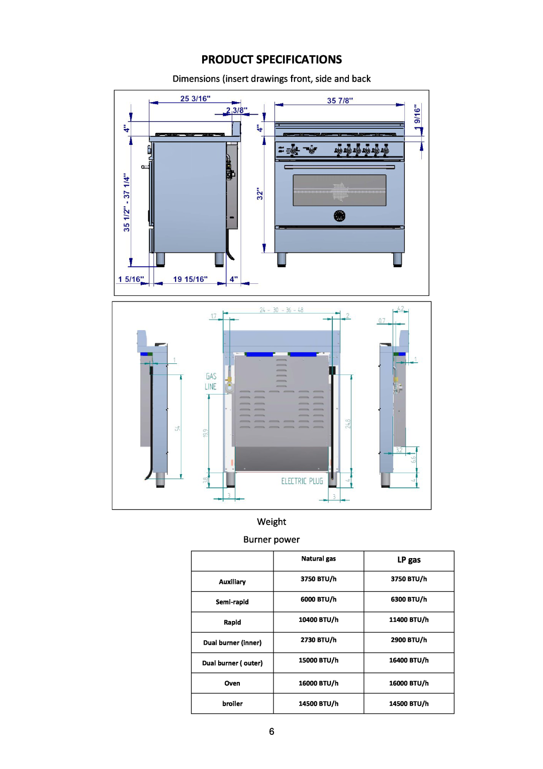 Bertazzoni MAS365GASXE, MAS365GASXT manual Product Specifications, LP gas 