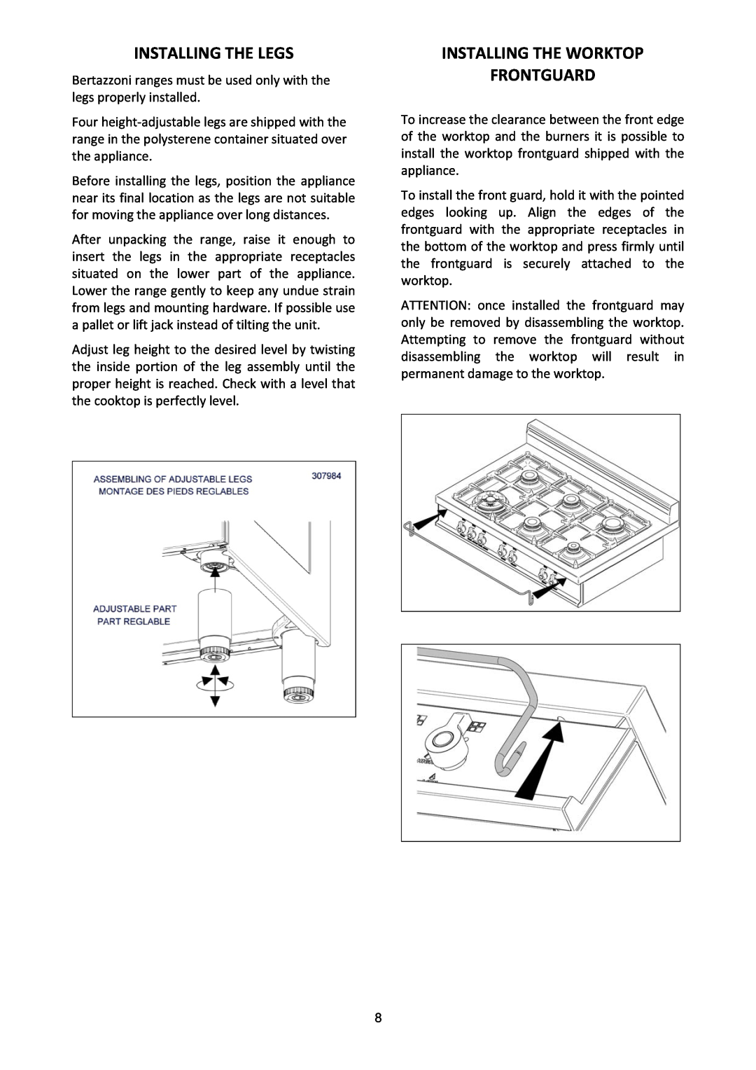 Bertazzoni MAS365GASXE, MAS365GASXT manual Installing the Legs, Installing the Worktop Frontguard 