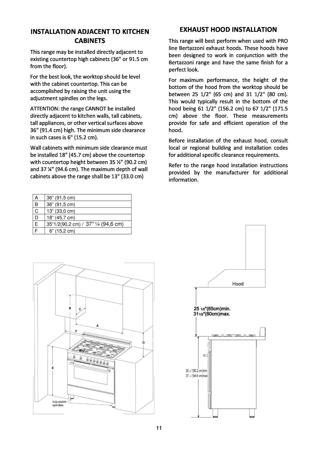 Bertazzoni MAS365GASXT, MAS365GASXE manual Installation Adjacent To Kitchen Cabinets, Exhaust Hood Installation 
