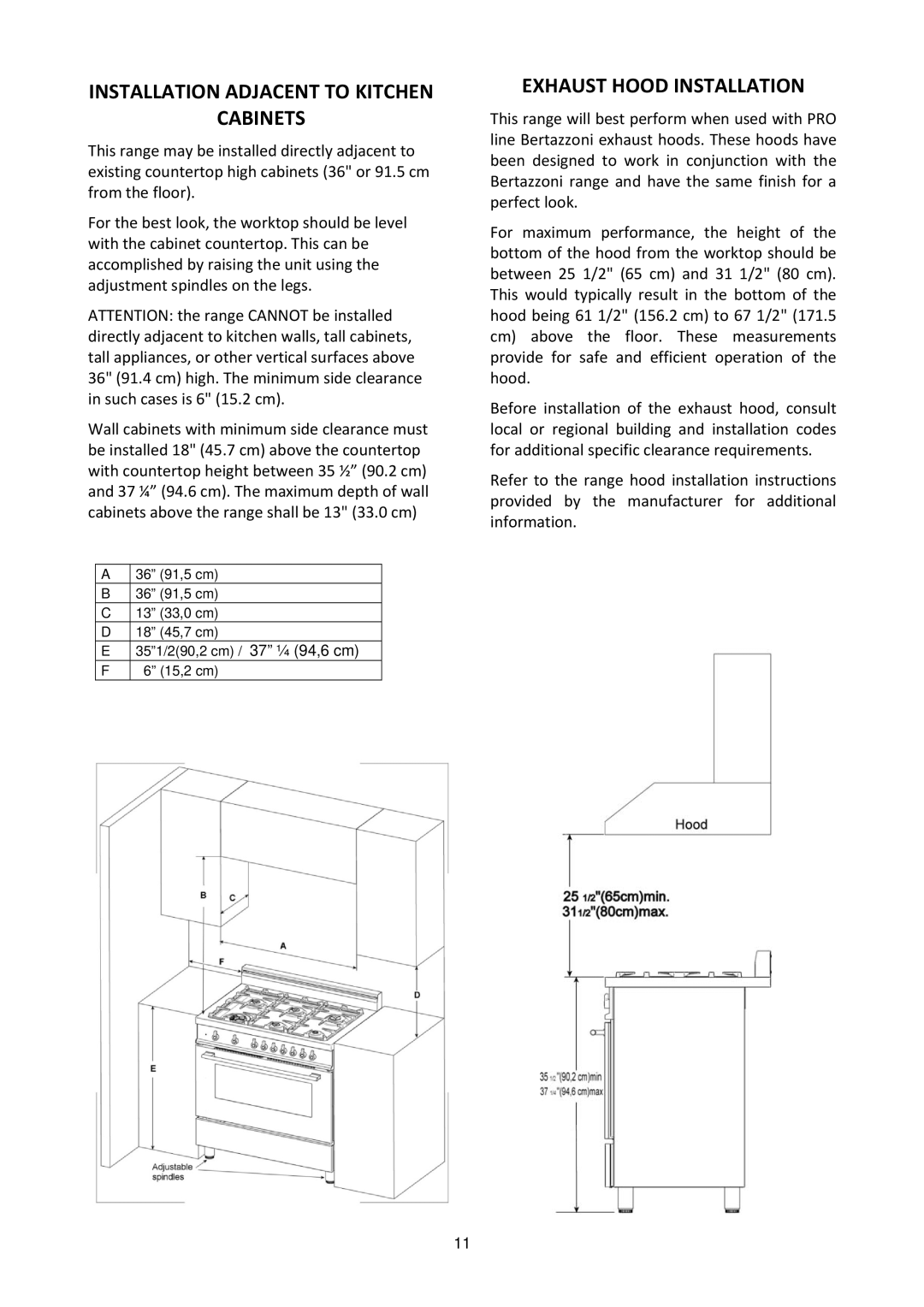 Bertazzoni MAS365GASXTLP, MAS365GASXELP manual Installation Adjacent to Kitchen Cabinets, Exhaust Hood Installation 