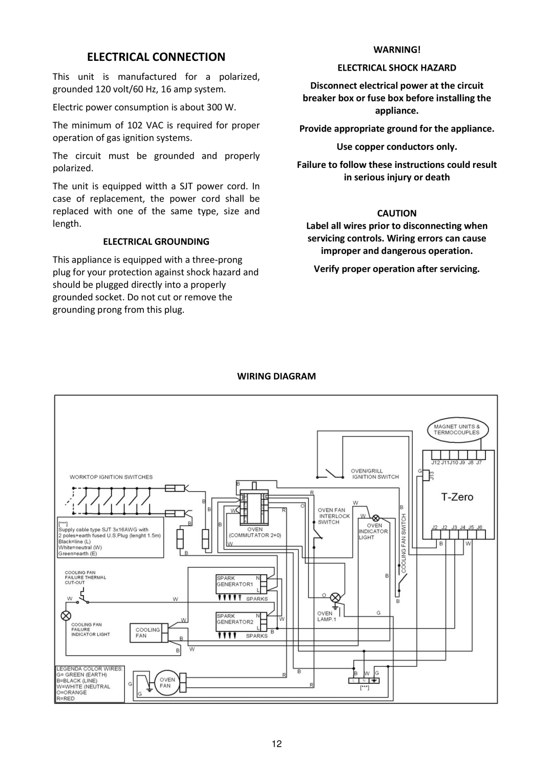 Bertazzoni MAS365GASXELP manual Electrical Connection, Electrical Grounding, Electrical Shock Hazard, Wiring Diagram 