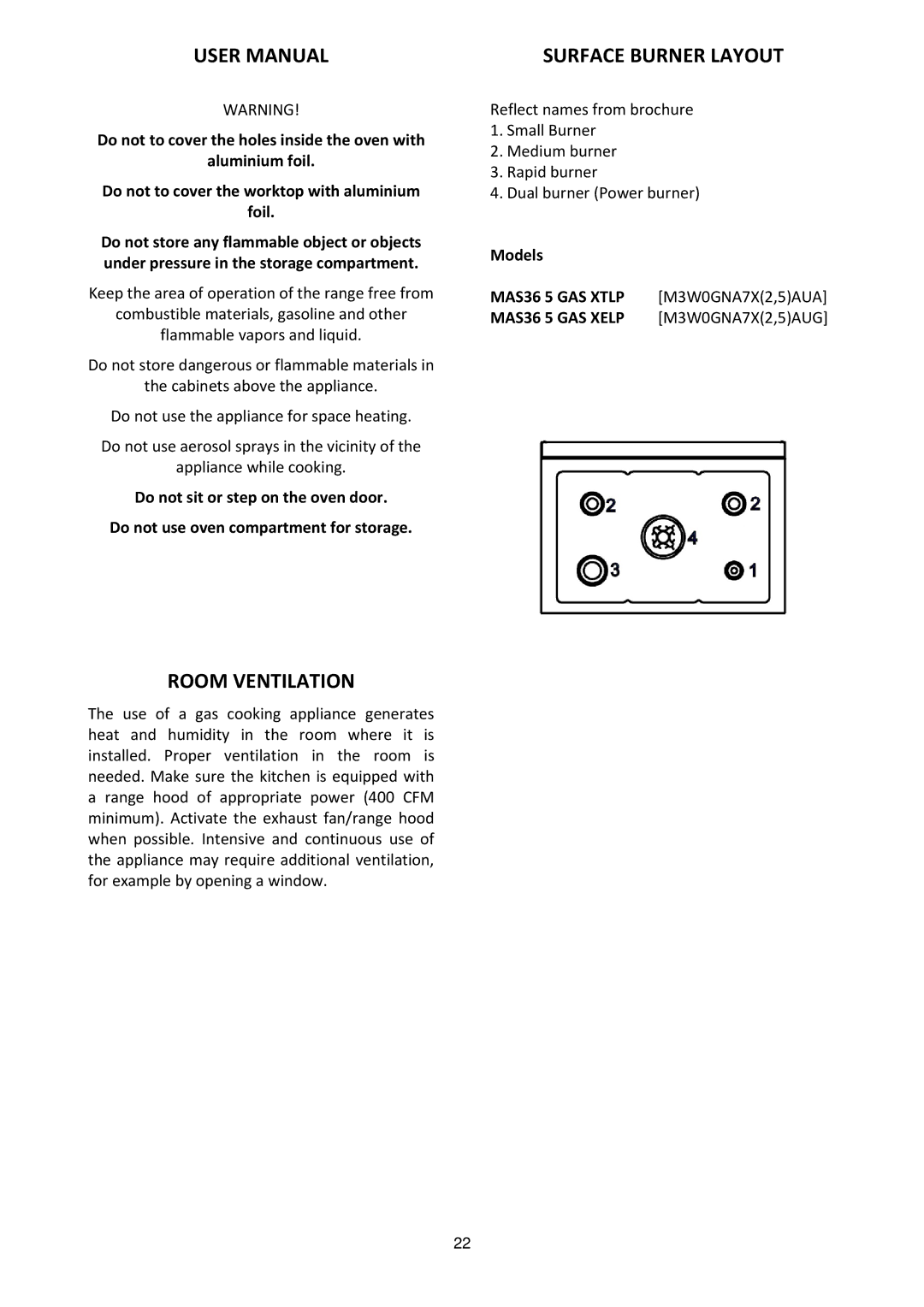 Bertazzoni MAS365GASXELP, MAS365GASXTLP manual Surface Burner Layout, Room Ventilation 