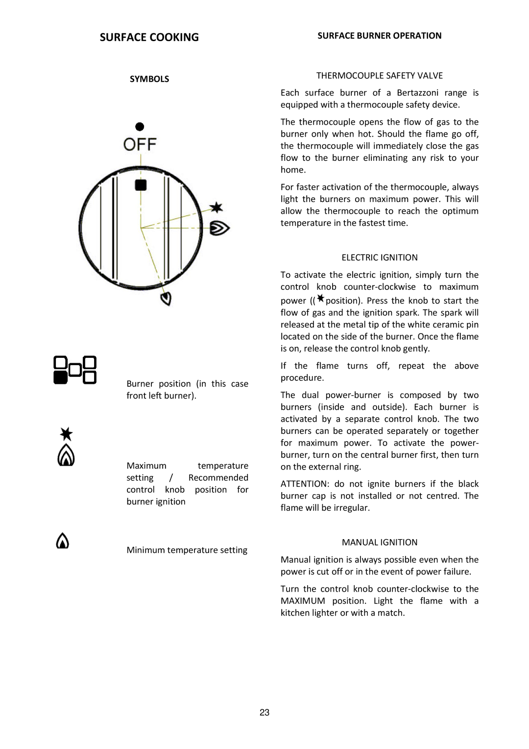 Bertazzoni MAS365GASXTLP, MAS365GASXELP manual Surface Cooking, Symbols, Surface Burner Operation 