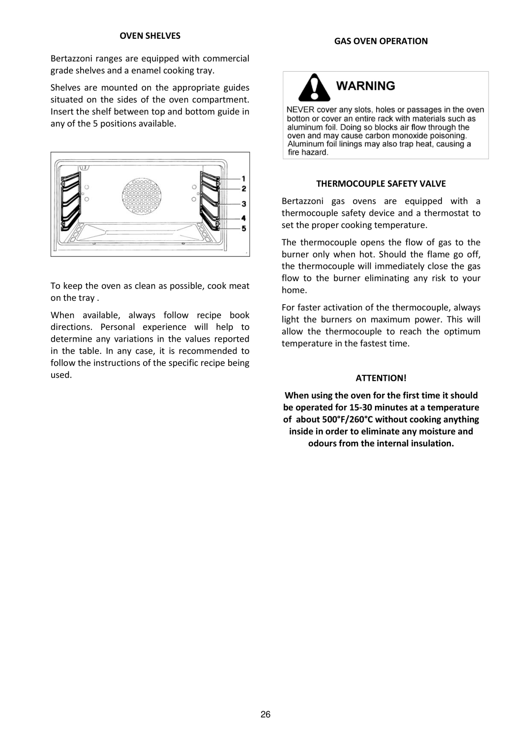 Bertazzoni MAS365GASXELP, MAS365GASXTLP manual Oven Shelves, GAS Oven Operation Thermocouple Safety Valve 