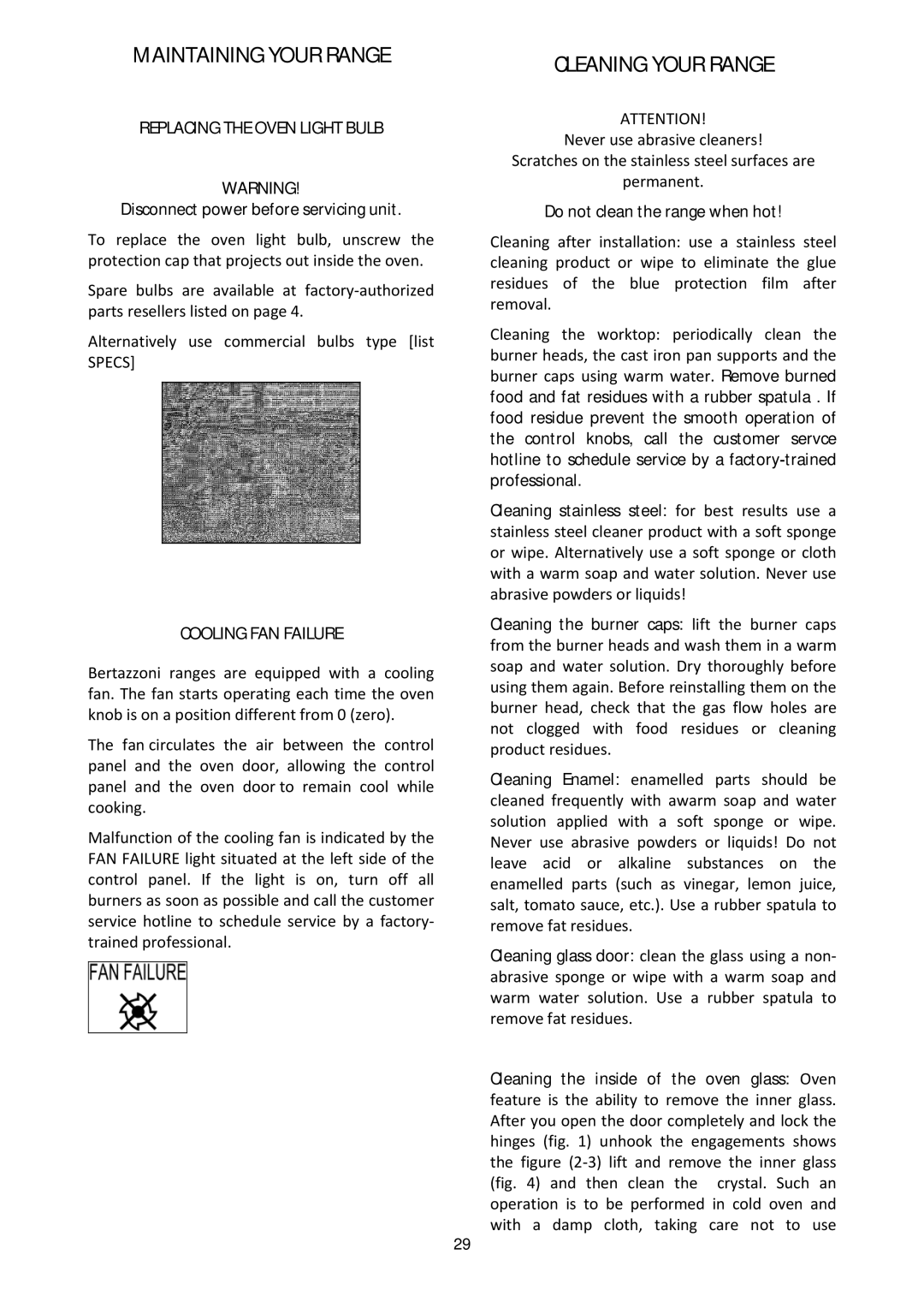 Bertazzoni MAS365GASXTLP Maintaining Your Range, Cleaning Your Range, Replacing the Oven Light Bulb, Cooling FAN Failure 