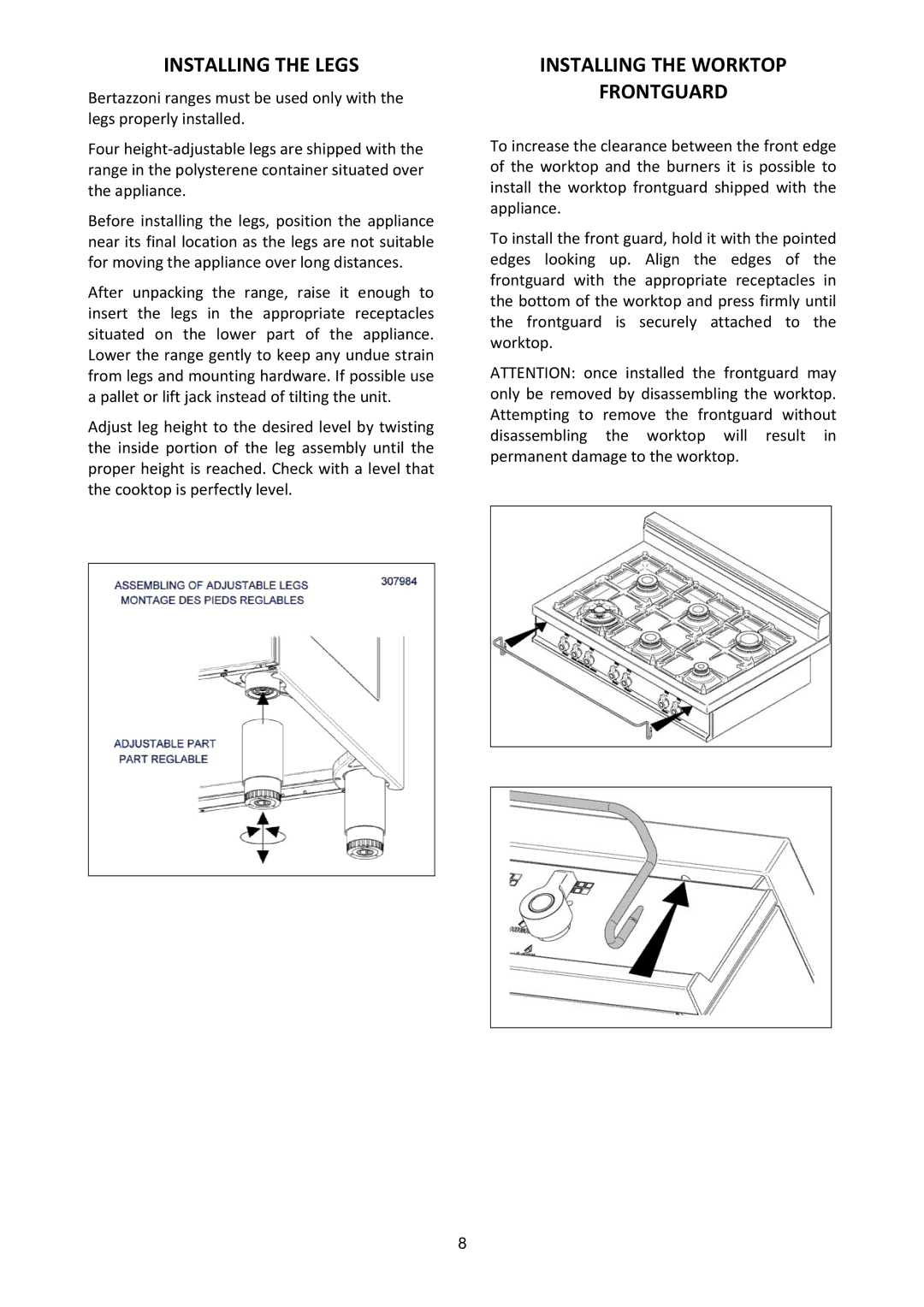 Bertazzoni MAS365GASXELP, MAS365GASXTLP manual Installing the Legs, Installing the Worktop Frontguard 