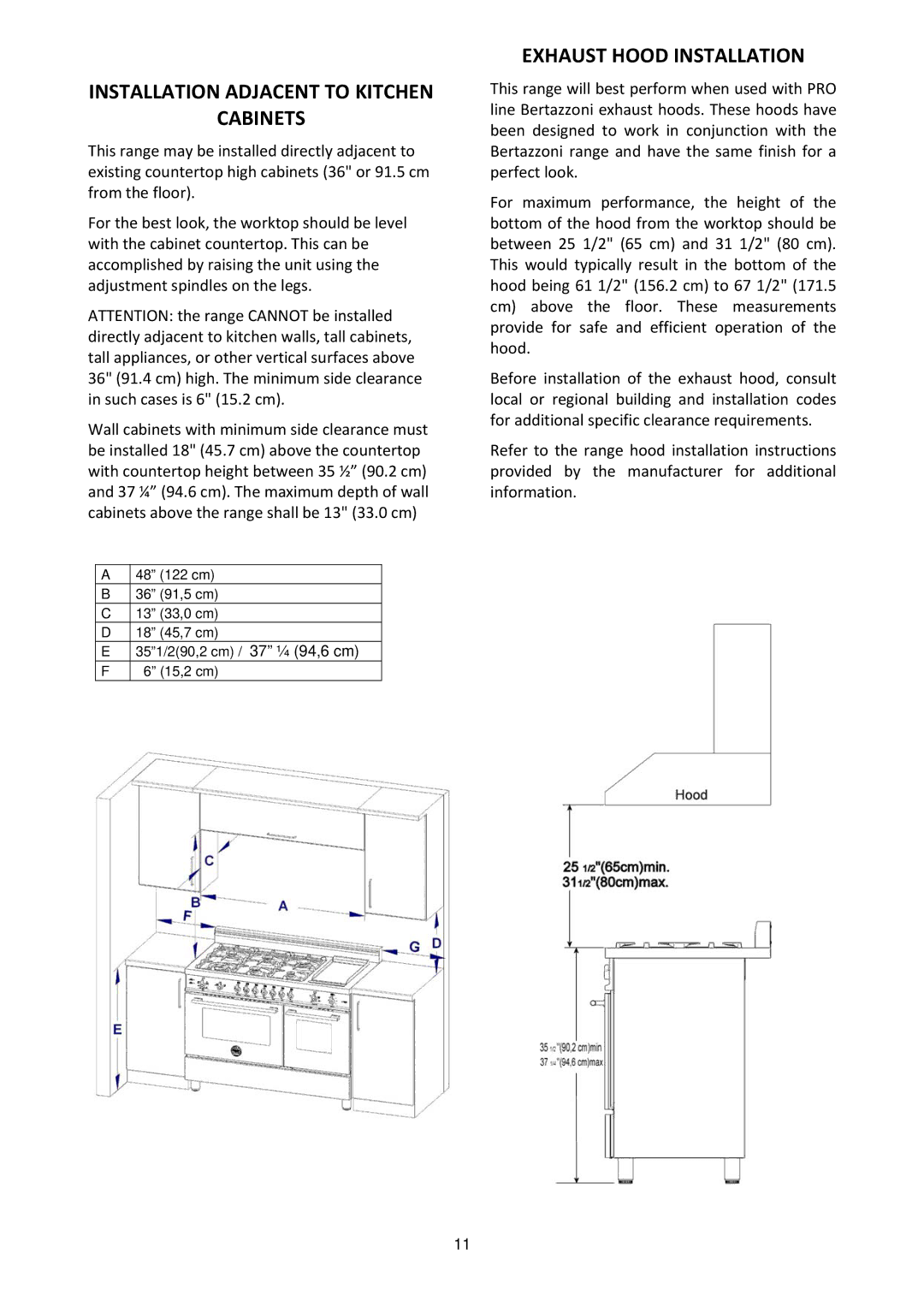 Bertazzoni MAS486GGASXT dimensions Installation Adjacent to Kitchen Cabinets, Exhaust Hood Installation 