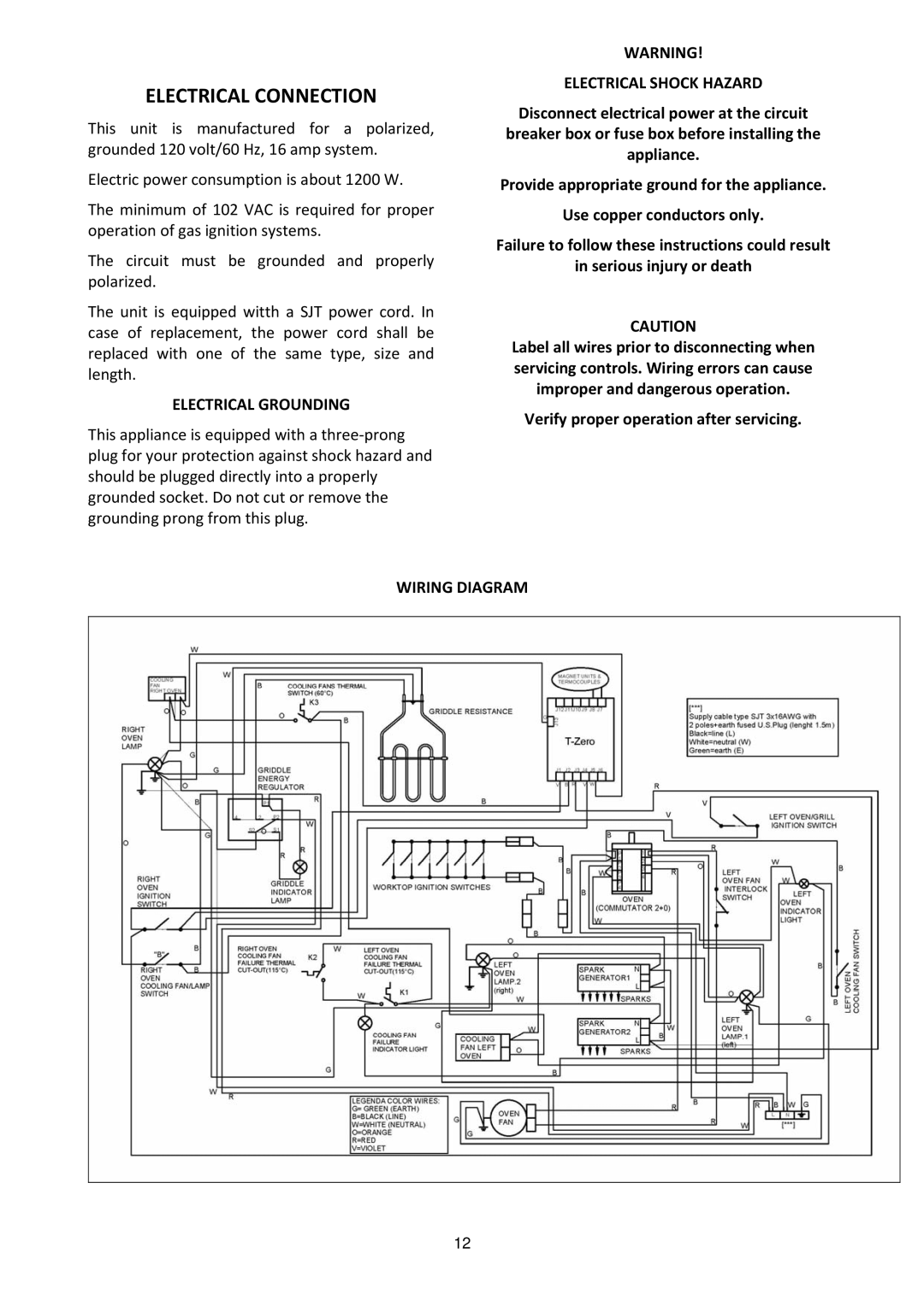 Bertazzoni MAS486GGASXT dimensions Electrical Connection, Electrical Grounding, Electrical Shock Hazard, Wiring Diagram 