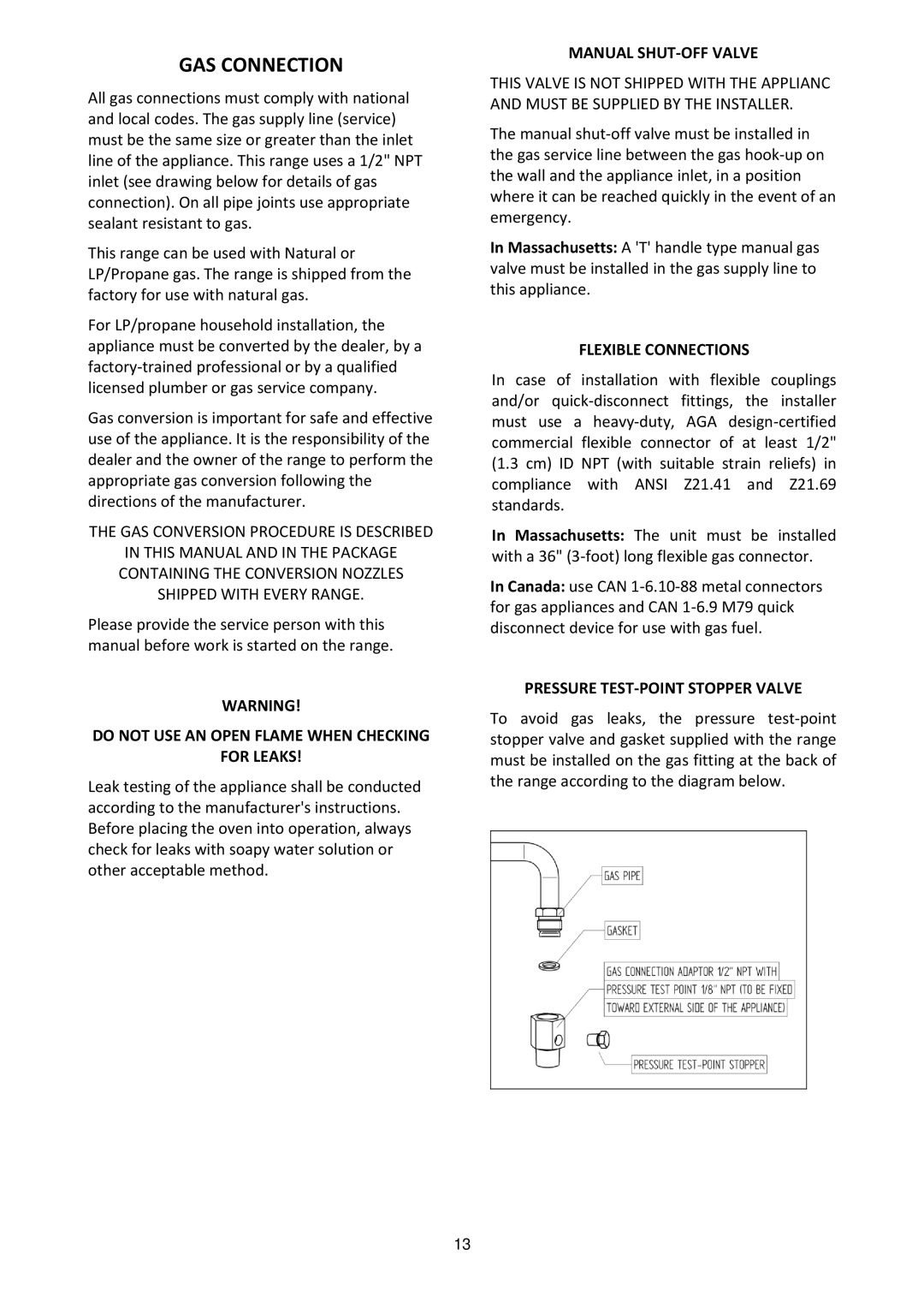 Bertazzoni MAS486GGASXT dimensions GAS Connection, Do not USE AN Open Flame When Checking For Leaks, Manual SHUT‐OFF Valve 