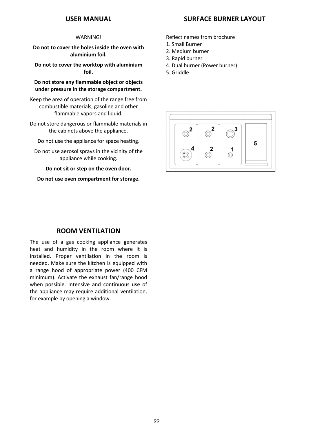 Bertazzoni MAS486GGASXT dimensions Surface Burner Layout, Room Ventilation 