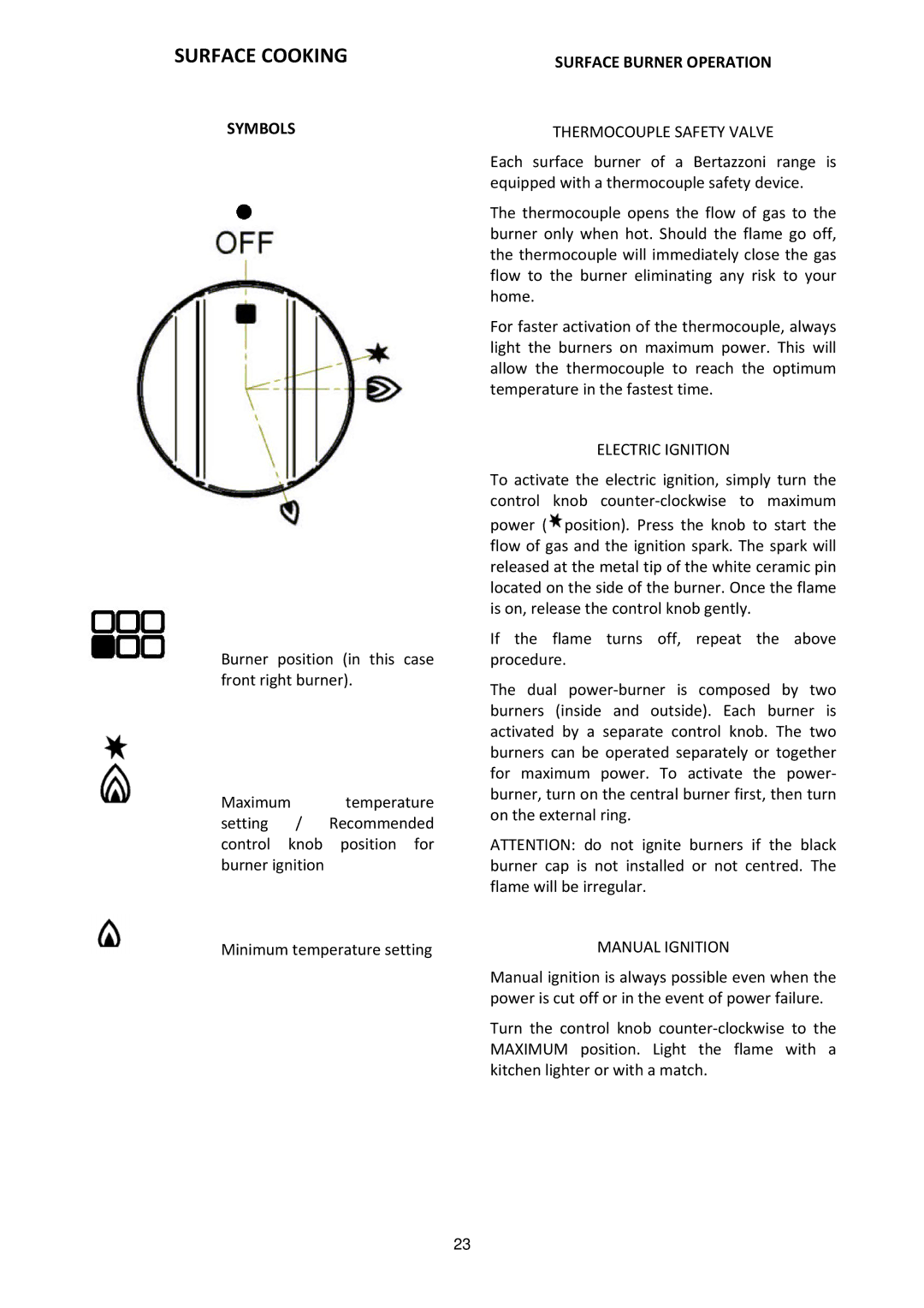 Bertazzoni MAS486GGASXT dimensions Surface Cooking, Symbols, Surface Burner Operation 