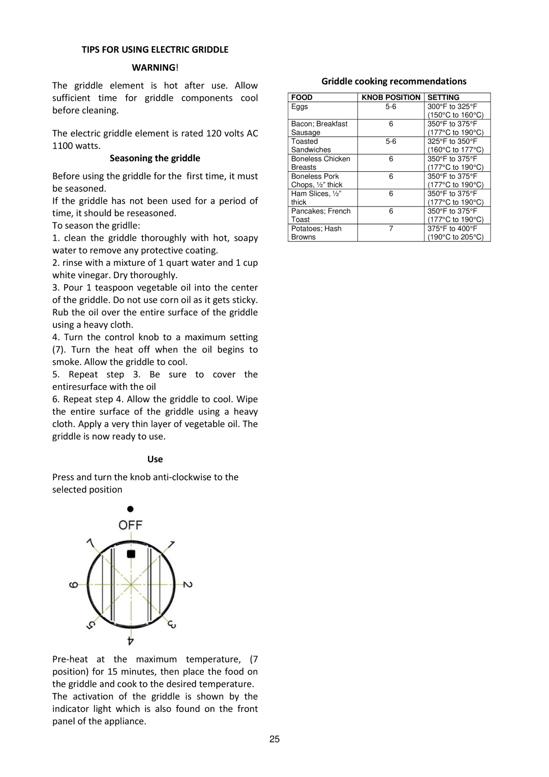 Bertazzoni MAS486GGASXT Tips for Using Electric Griddle, Seasoning the griddle, Use Griddle cooking recommendations 