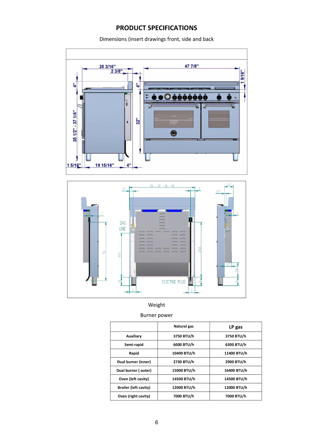 Bertazzoni MAS486GGASXT dimensions Product Specifications, LP gas 