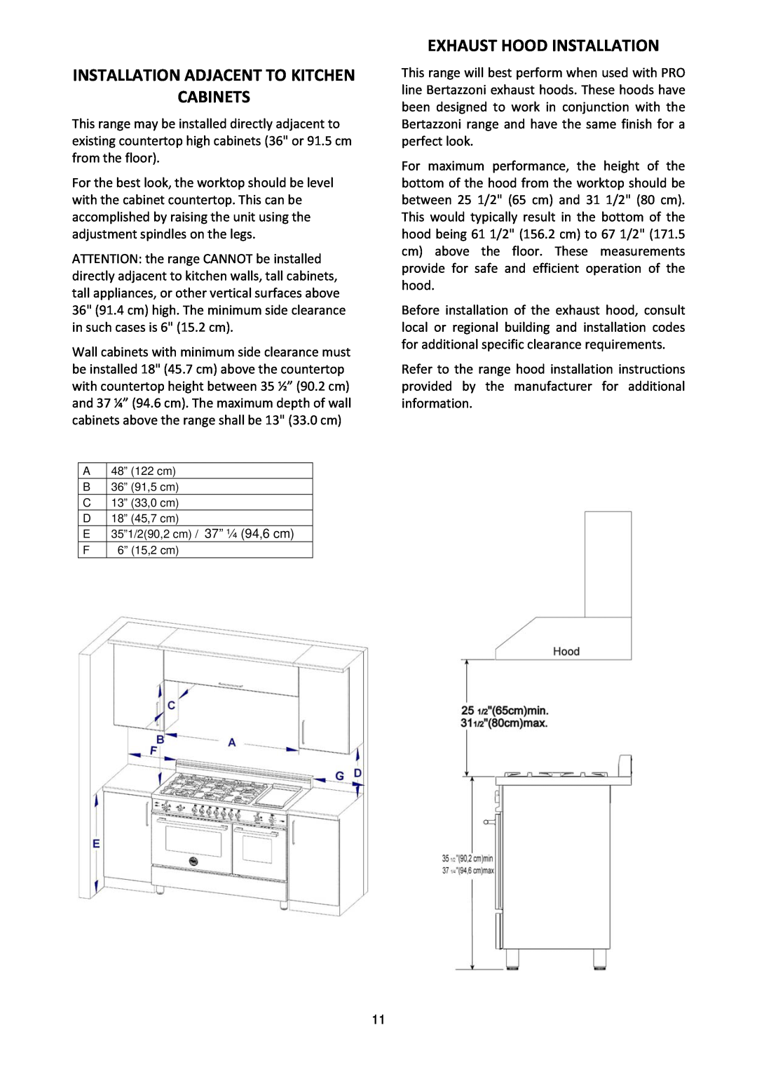 Bertazzoni MAS486GGASXT dimensions Installation Adjacent To Kitchen Cabinets, Exhaust Hood Installation 