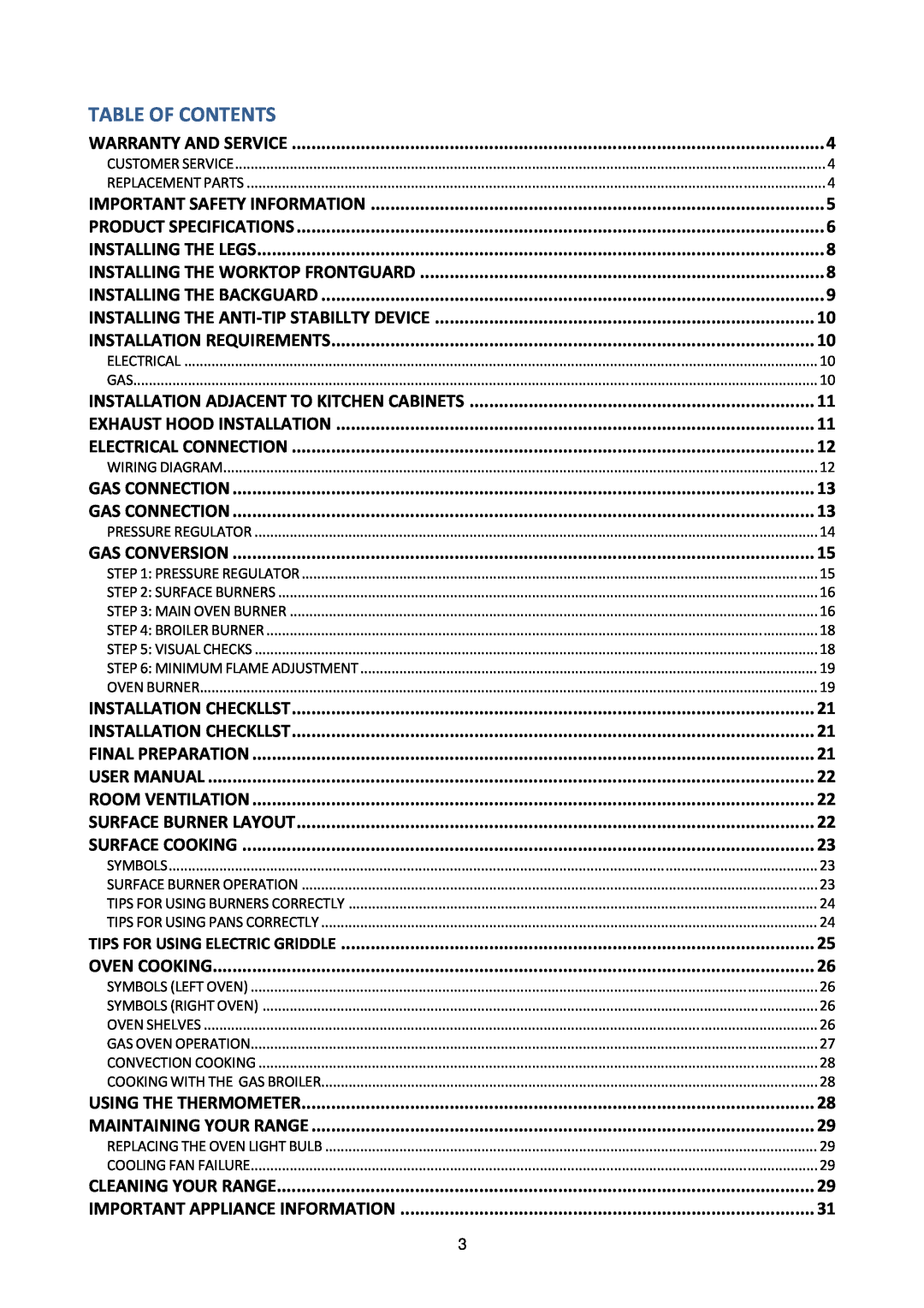 Bertazzoni MAS486GGASXT dimensions Table Of Contents 