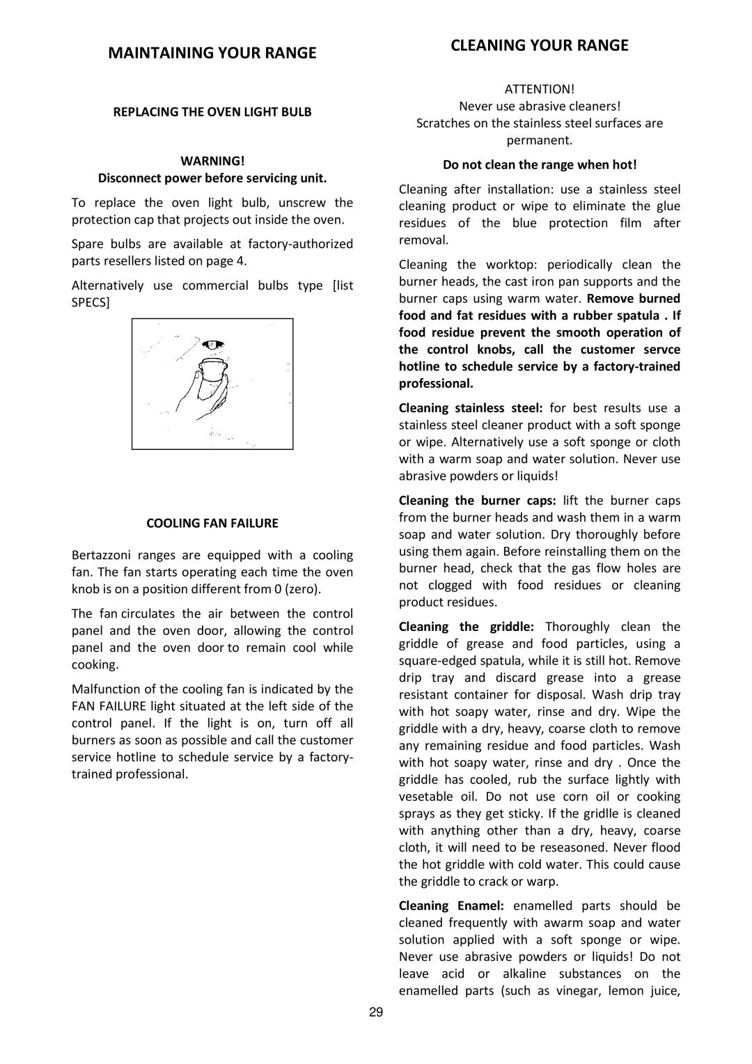 Bertazzoni MAS486GGASXTLP Maintaining Your Range, Cleaning Your Range, Replacing the Oven Light Bulb, Cooling FAN Failure 