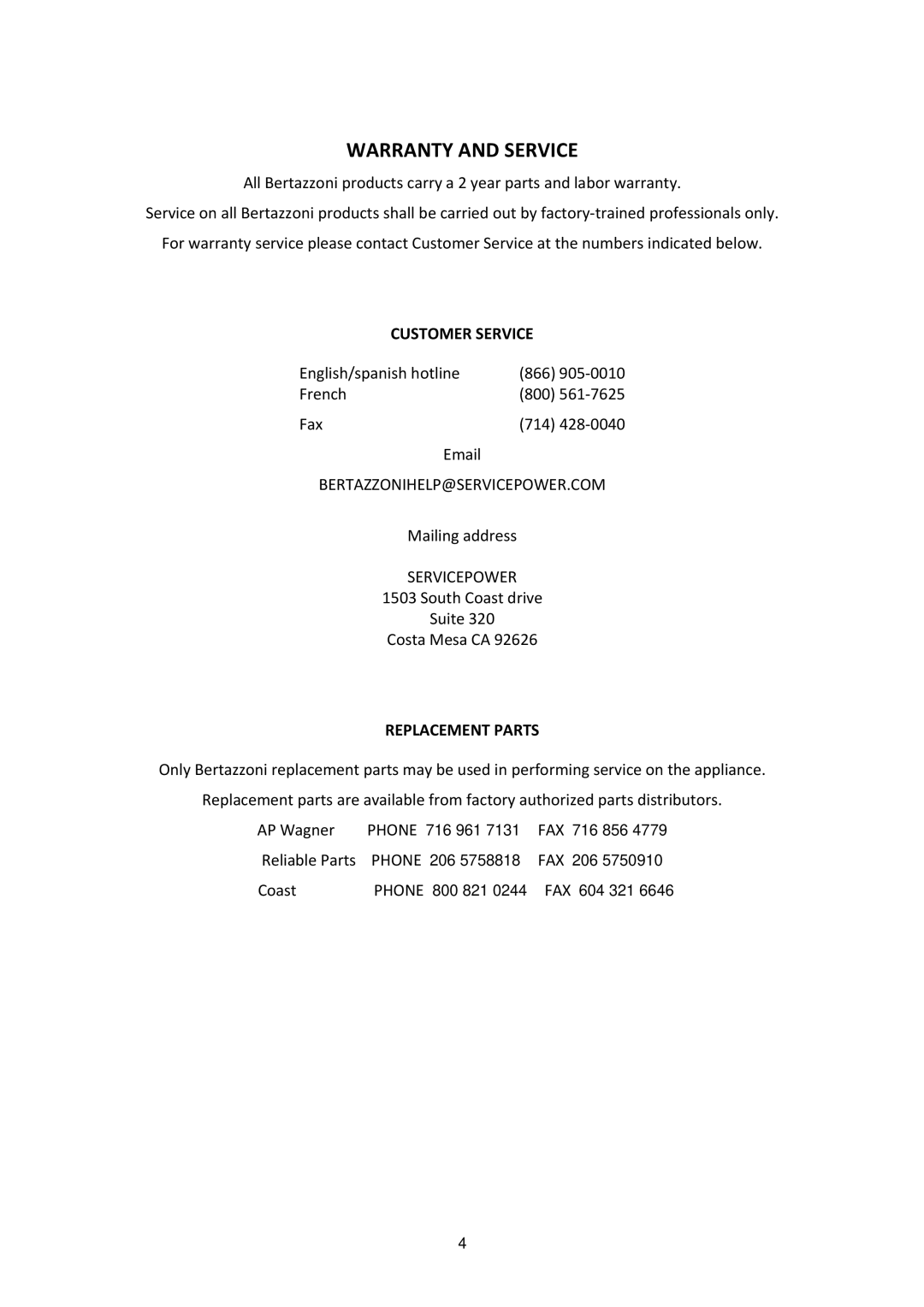 Bertazzoni MAS486GGASXTLP dimensions Warranty and Service, Customer Service, Replacement Parts 