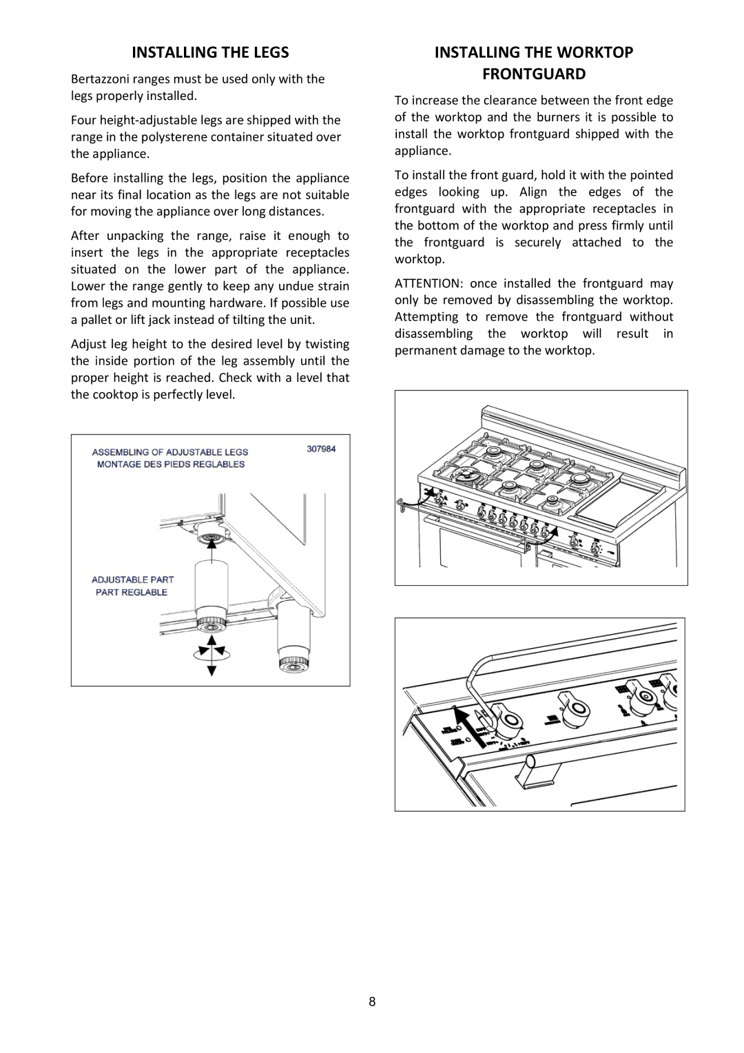 Bertazzoni MAS486GGASXTLP dimensions Installing the Legs, Installing the Worktop Frontguard 