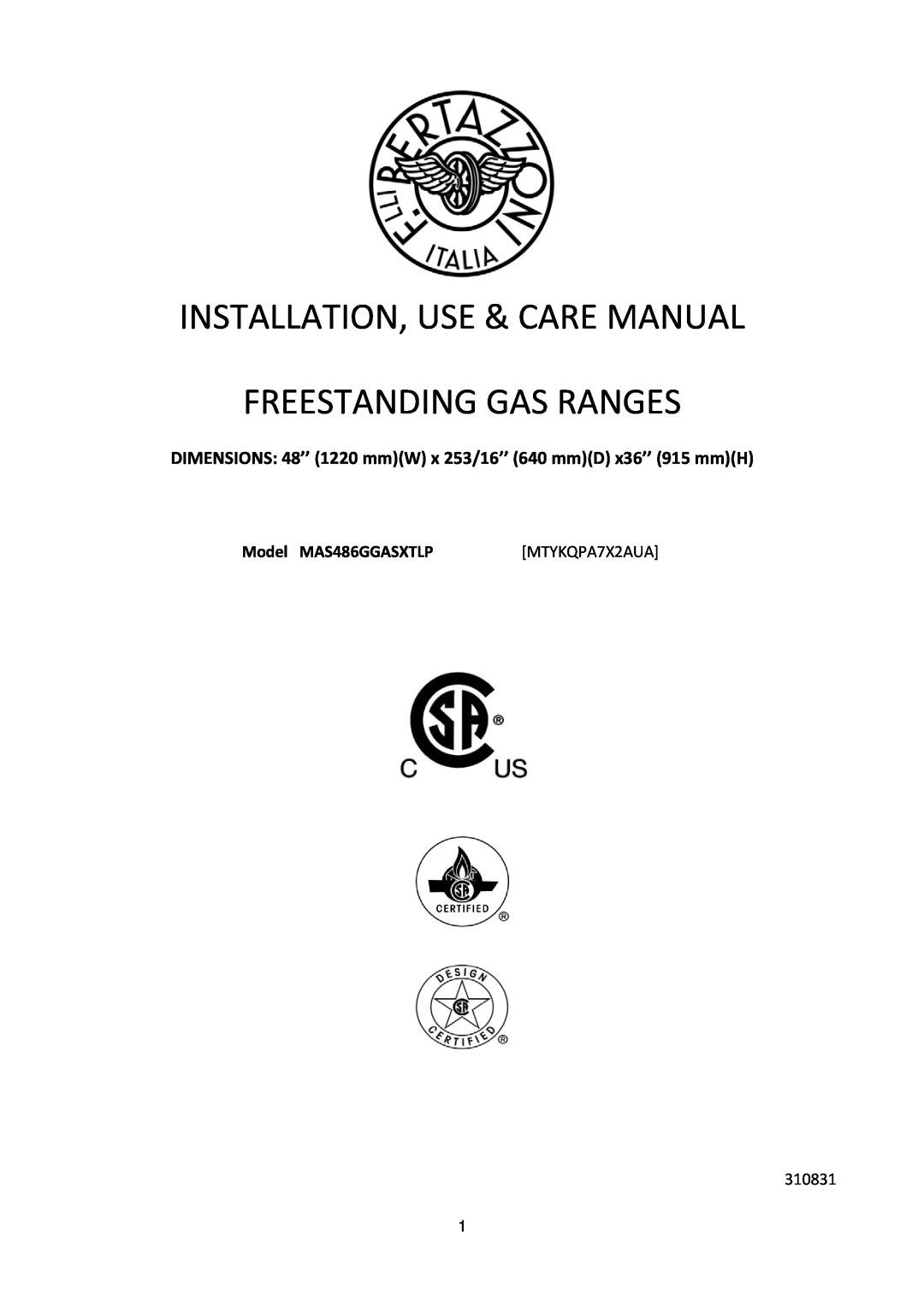 Bertazzoni dimensions Installation, Use & Care Manual, Freestanding Gas Ranges, Model MAS486GGASXTLP, MTYKQPA7X2AUA 