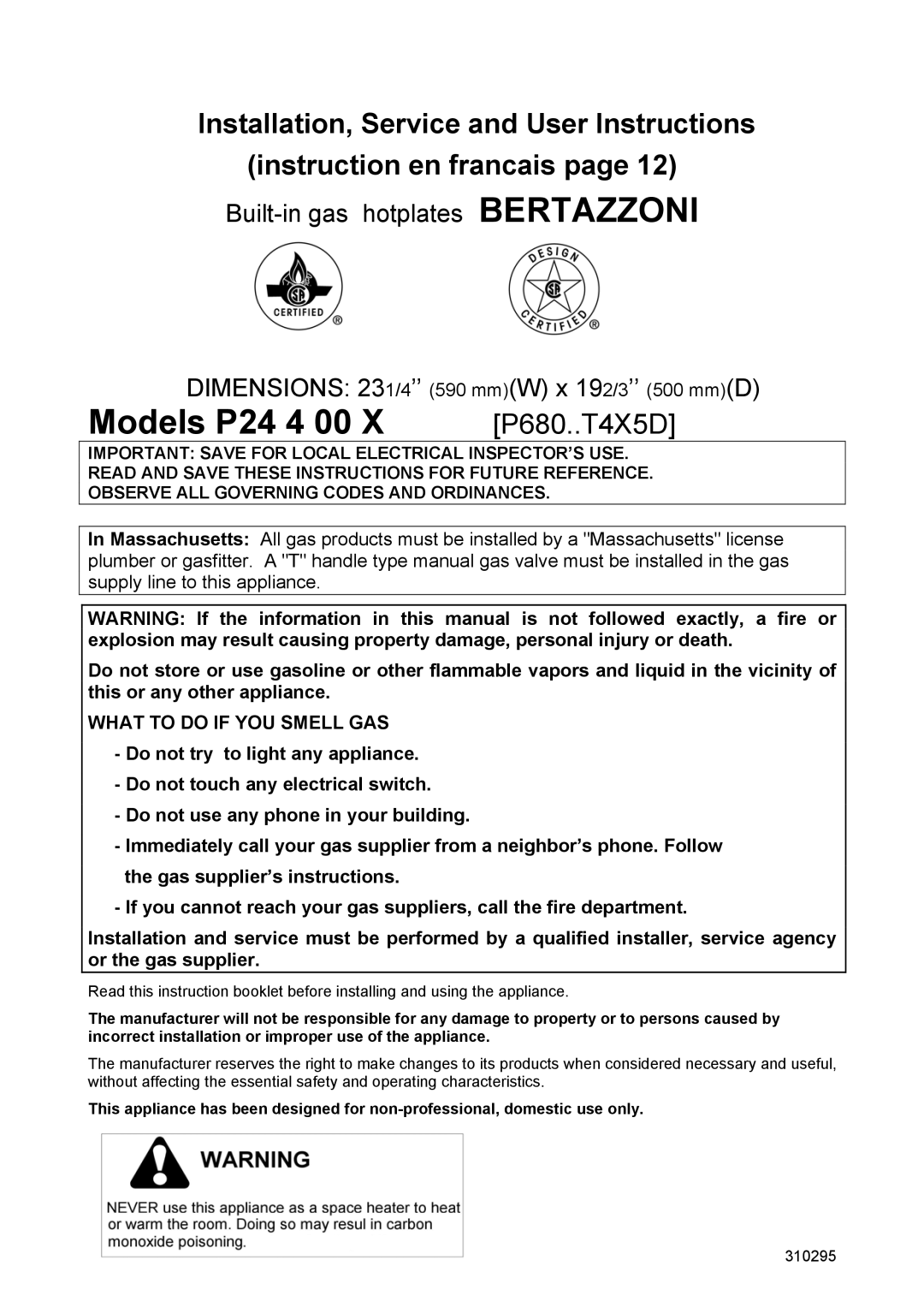 Bertazzoni P24 4 00 X manual Models P24 4 00 