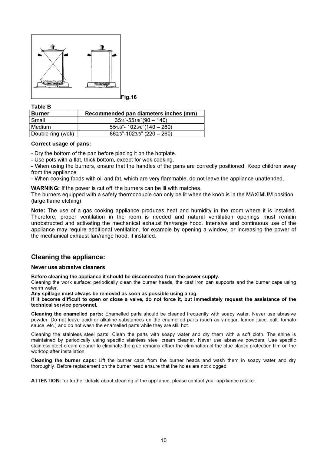 Bertazzoni P24 4 00 X Cleaning the appliance, Table B Burner Recommended pan diameters inches mm, Correct usage of pans 