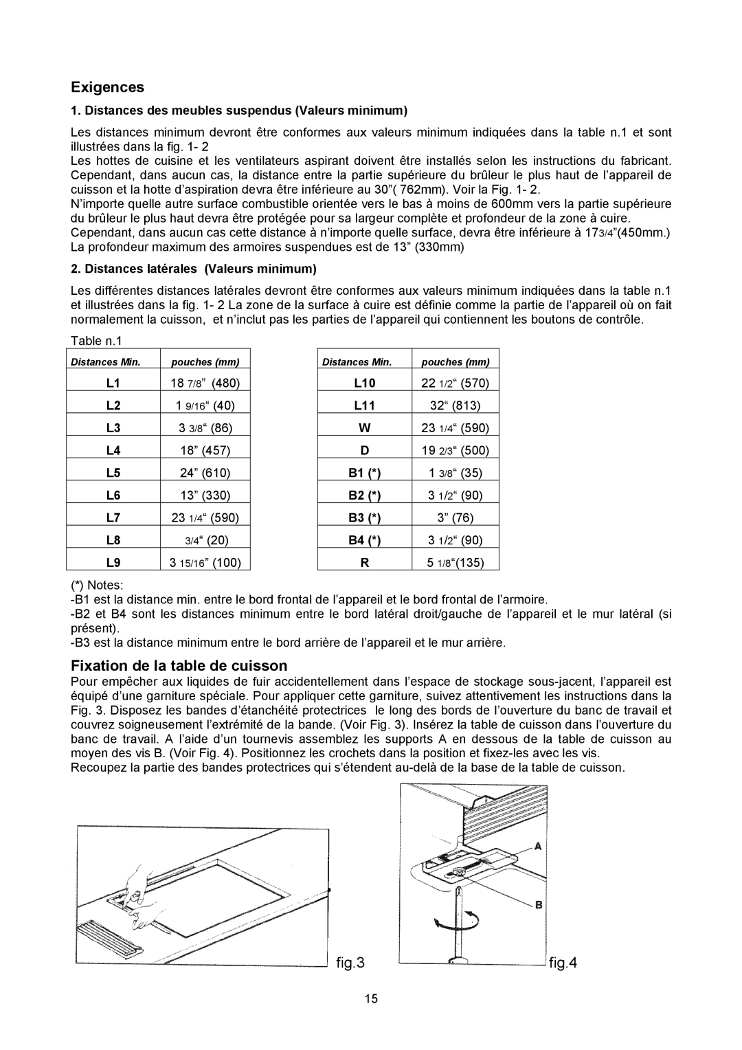 Bertazzoni P24 4 00 X manual Exigences, Fixation de la table de cuisson, Distances des meubles suspendus Valeurs minimum 
