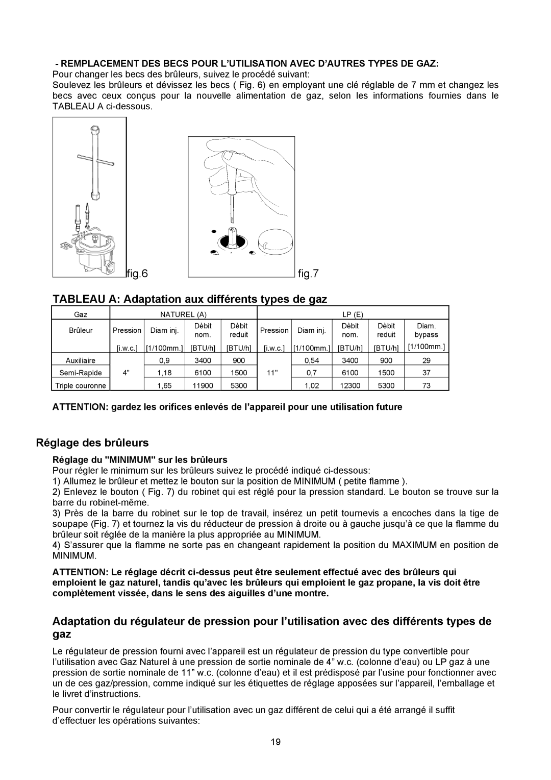 Bertazzoni P24 4 00 X manual Tableau a Adaptation aux différents types de gaz, Réglage des brûleurs 