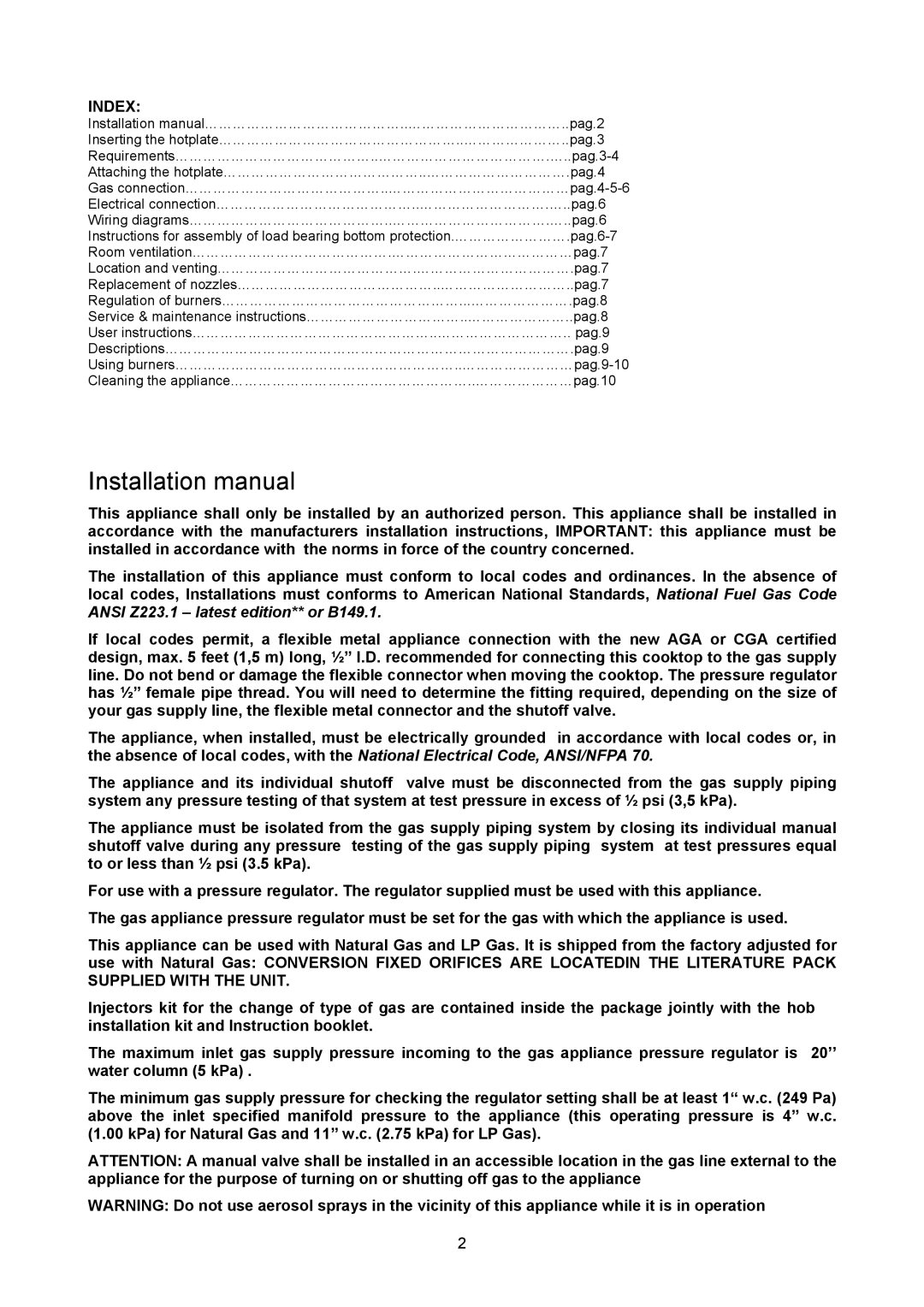 Bertazzoni P24 4 00 X Installation manual, Index 