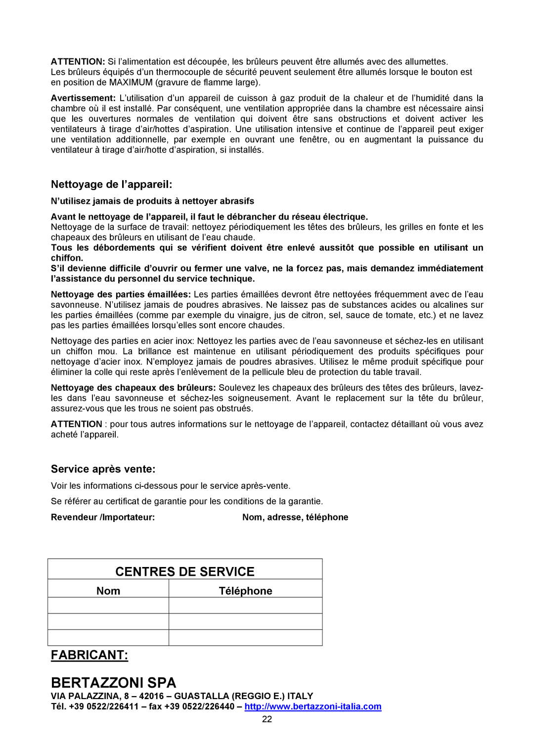 Bertazzoni P24 4 00 X manual Nettoyage de l’appareil, Service après vente, Nom Téléphone 