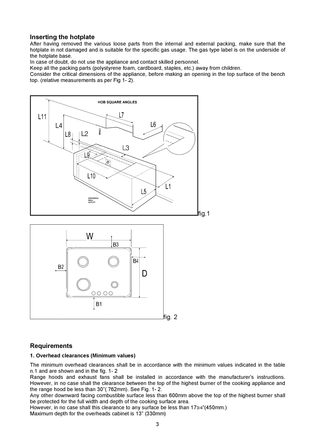 Bertazzoni P24 4 00 X manual Inserting the hotplate, Requirements, Overhead clearances Minimum values 