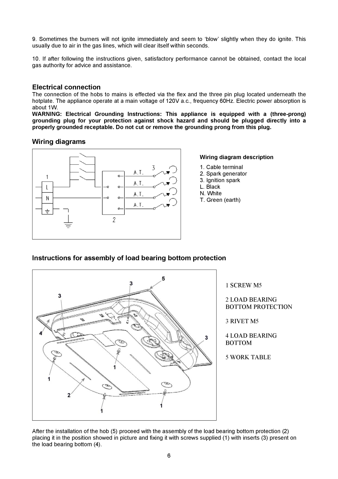 Bertazzoni P24 4 00 X Electrical connection, Wiring diagrams, Instructions for assembly of load bearing bottom protection 