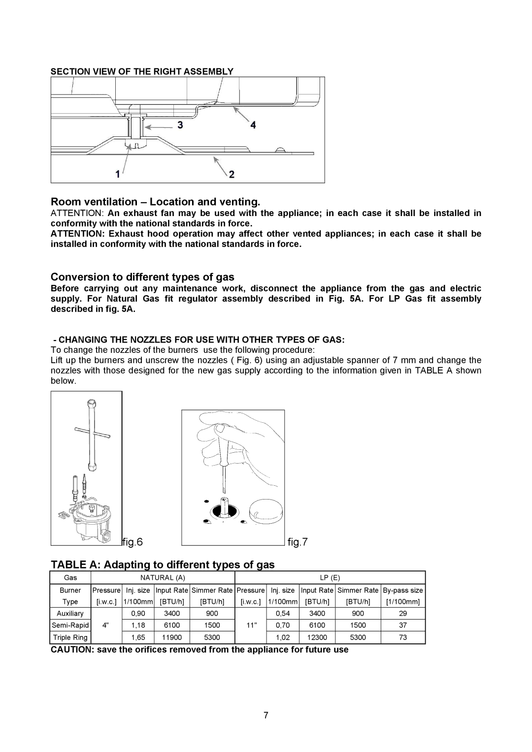 Bertazzoni P24 4 00 X manual Table a Adapting to different types of gas, Natural a 