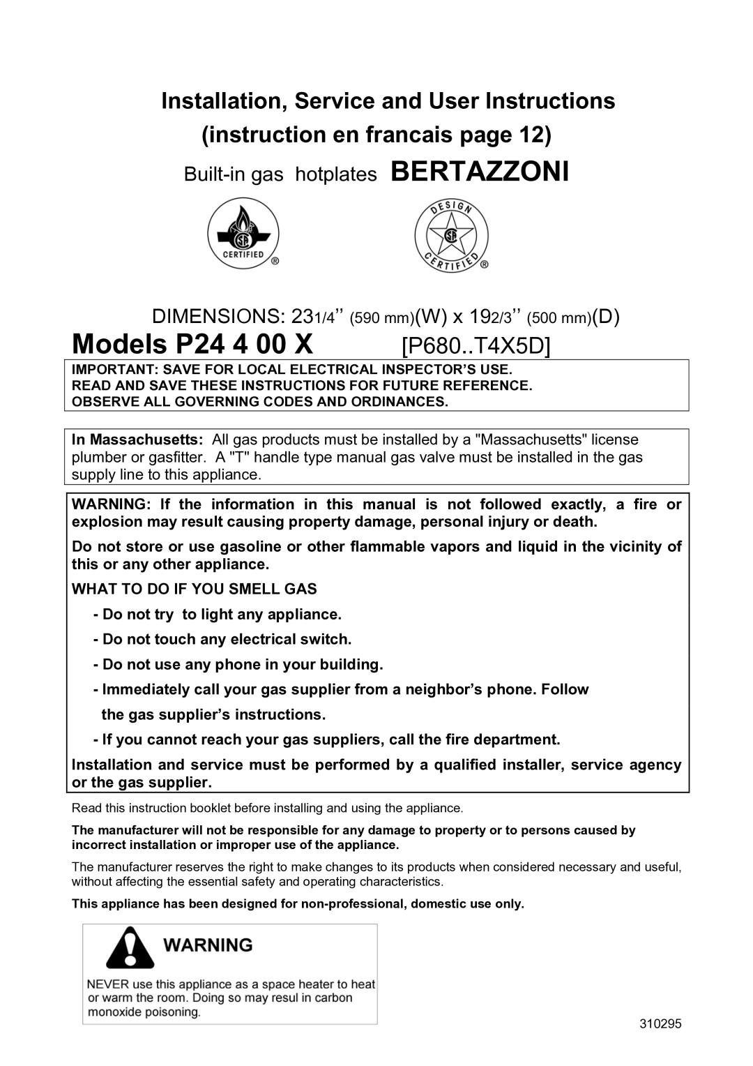 Bertazzoni P24400X manual Models P24 4 00 