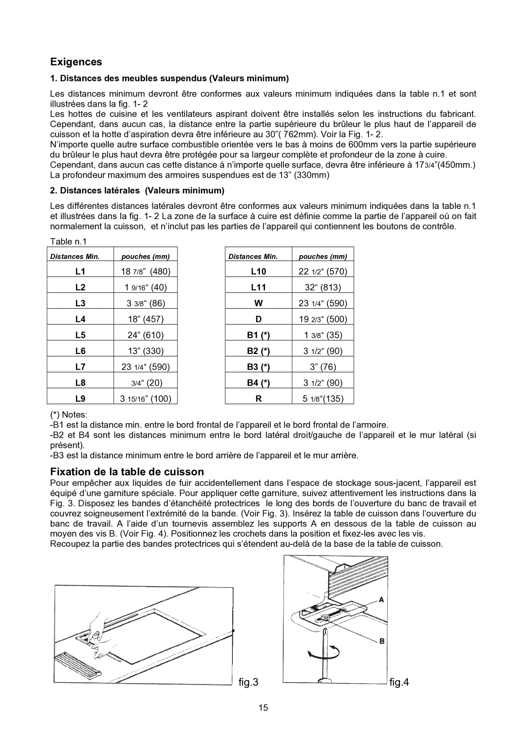 Bertazzoni P24400X manual Exigences, Fixation de la table de cuisson, Distances des meubles suspendus Valeurs minimum 