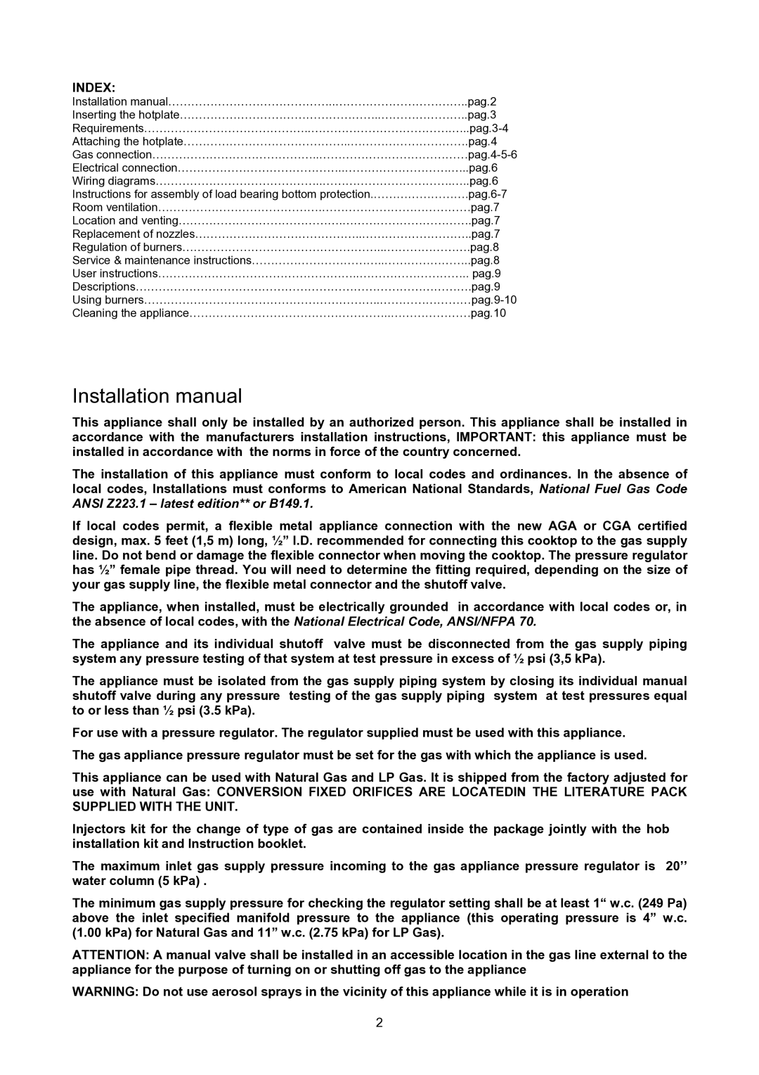 Bertazzoni P24400X Installation manual, Index 