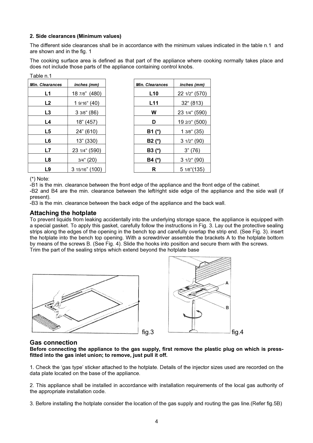 Bertazzoni P24400X manual Attaching the hotplate, Gas connection, Side clearances Minimum values, L10 L11 