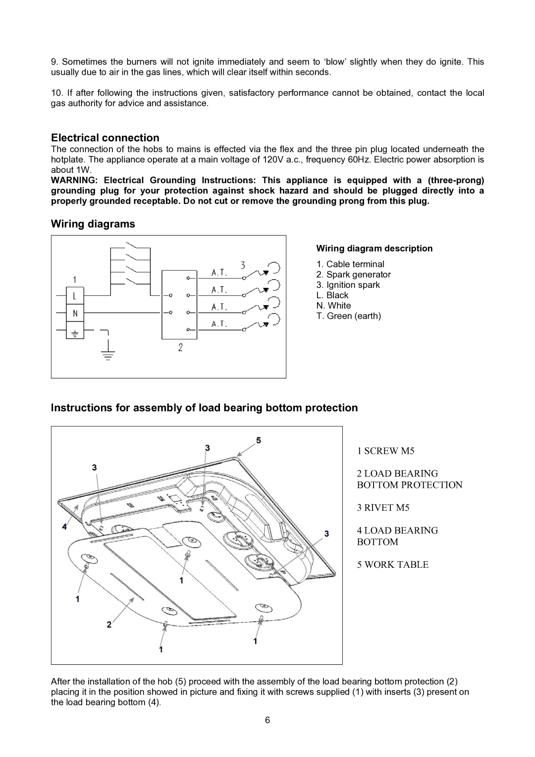 Bertazzoni P24400X Electrical connection, Wiring diagrams, Instructions for assembly of load bearing bottom protection 