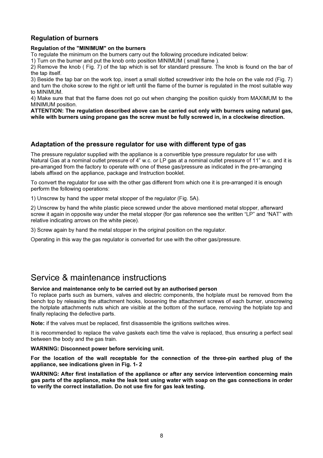 Bertazzoni P24400X Service & maintenance instructions, Regulation of burners, Regulation of the Minimum on the burners 