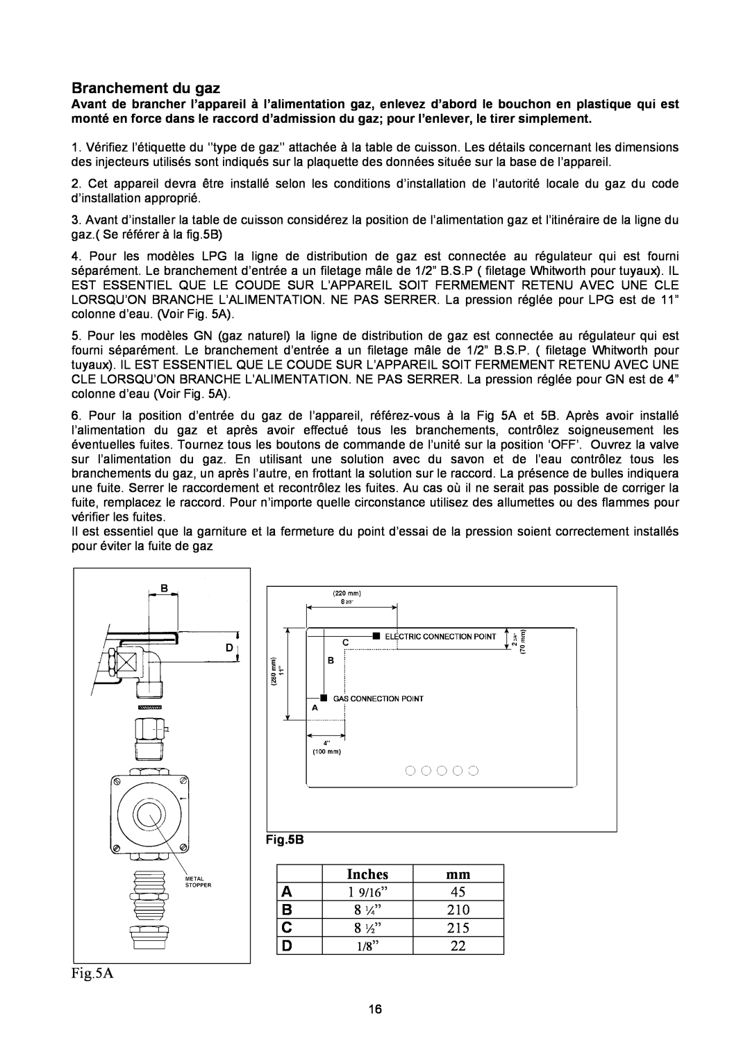 Bertazzoni P24400X manual Branchement du gaz, Inches, 8 ¼”, 8 ½”, A 