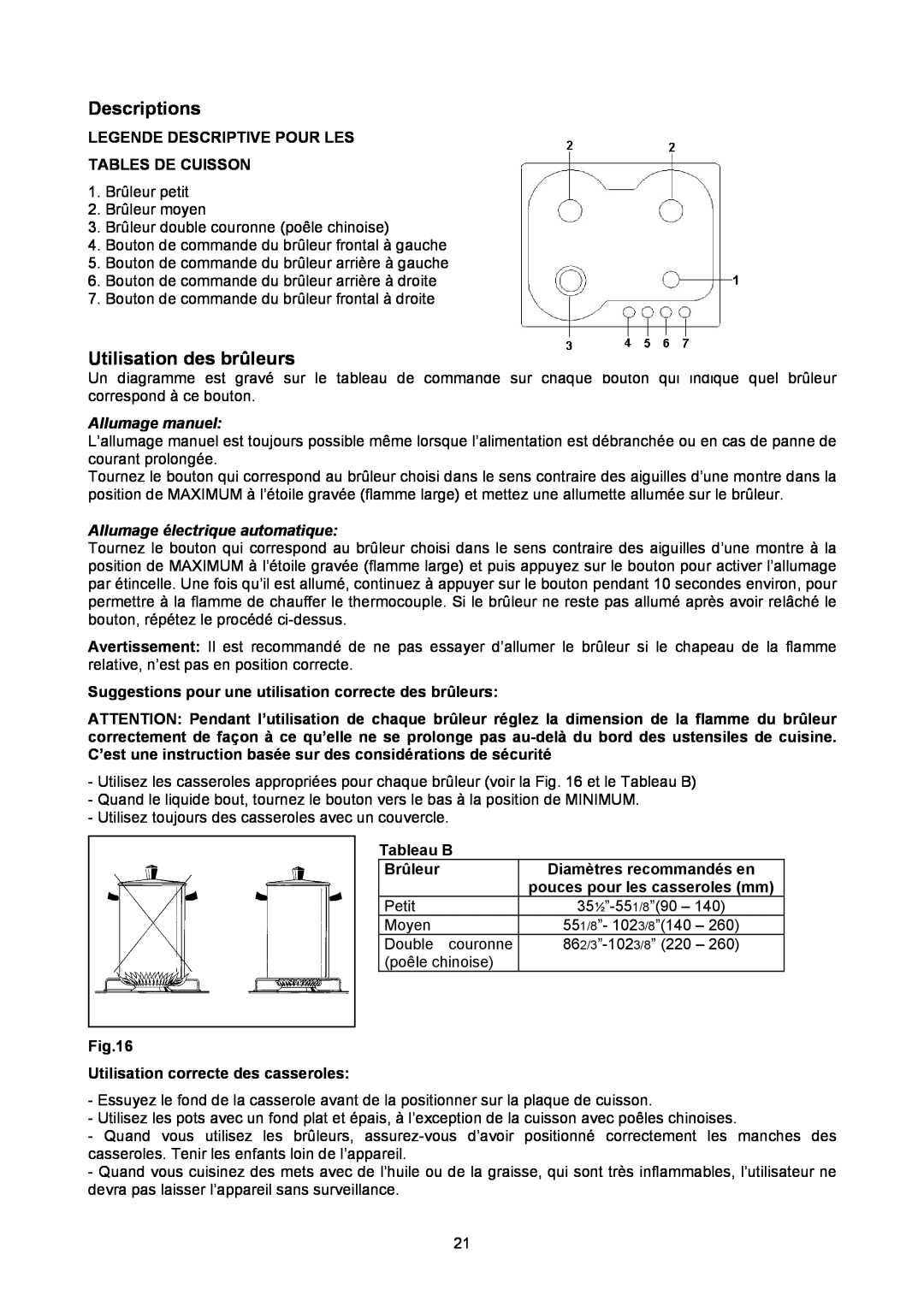 Bertazzoni P24400X Utilisation des brûleurs, Allumage manuel, Allumage électrique automatique, Descriptions, Tableau B 