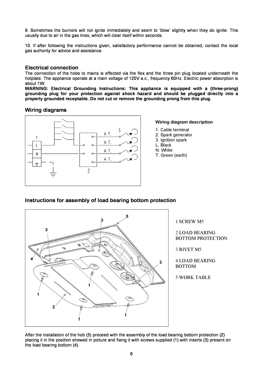 Bertazzoni P24400X Electrical connection, Wiring diagrams, Instructions for assembly of load bearing bottom protection 