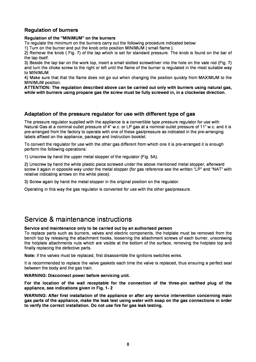 Bertazzoni P24400X manual Service & maintenance instructions, Regulation of burners 