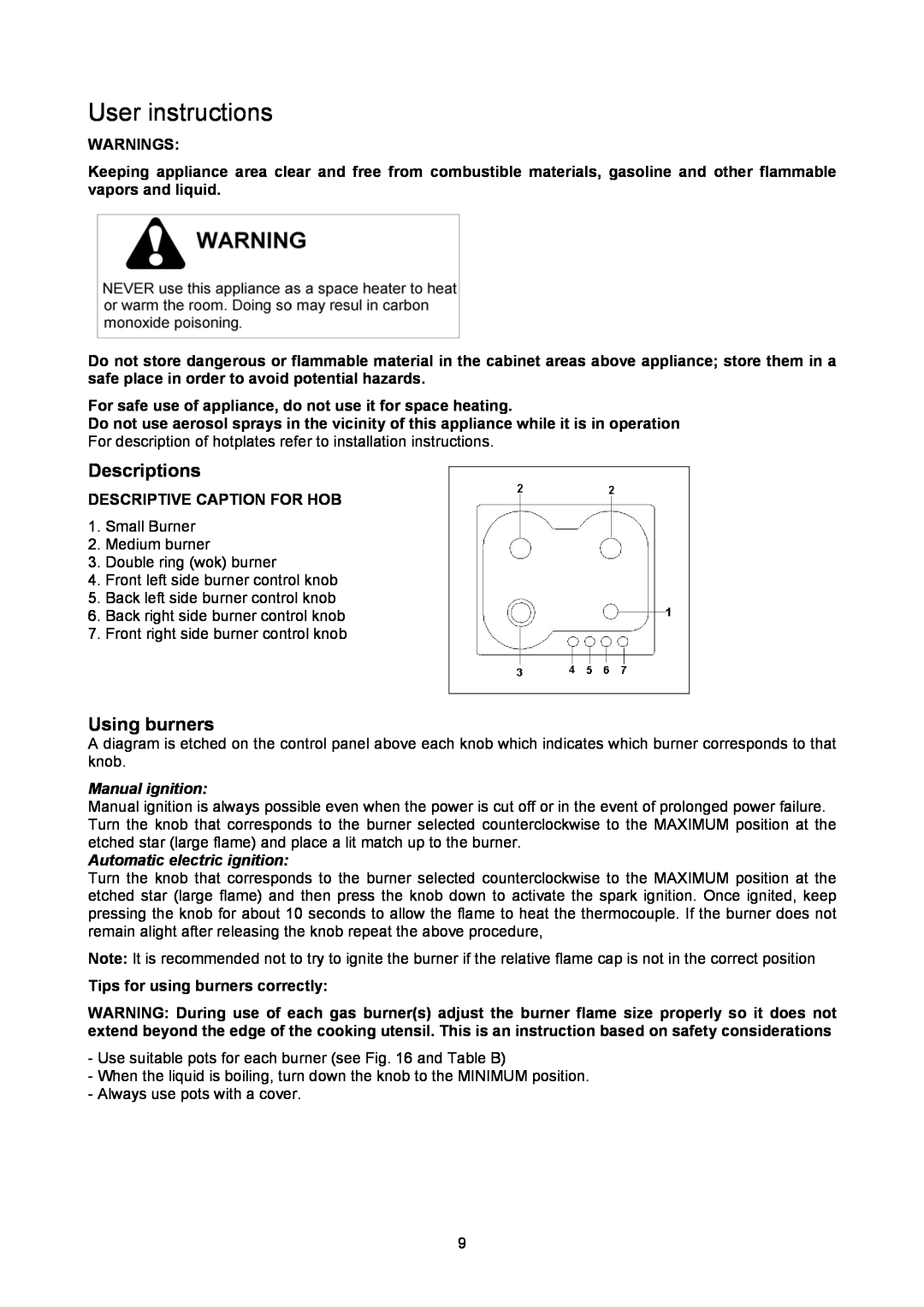 Bertazzoni P24400X manual User instructions, Descriptions, Using burners, Manual ignition, Automatic electric ignition 