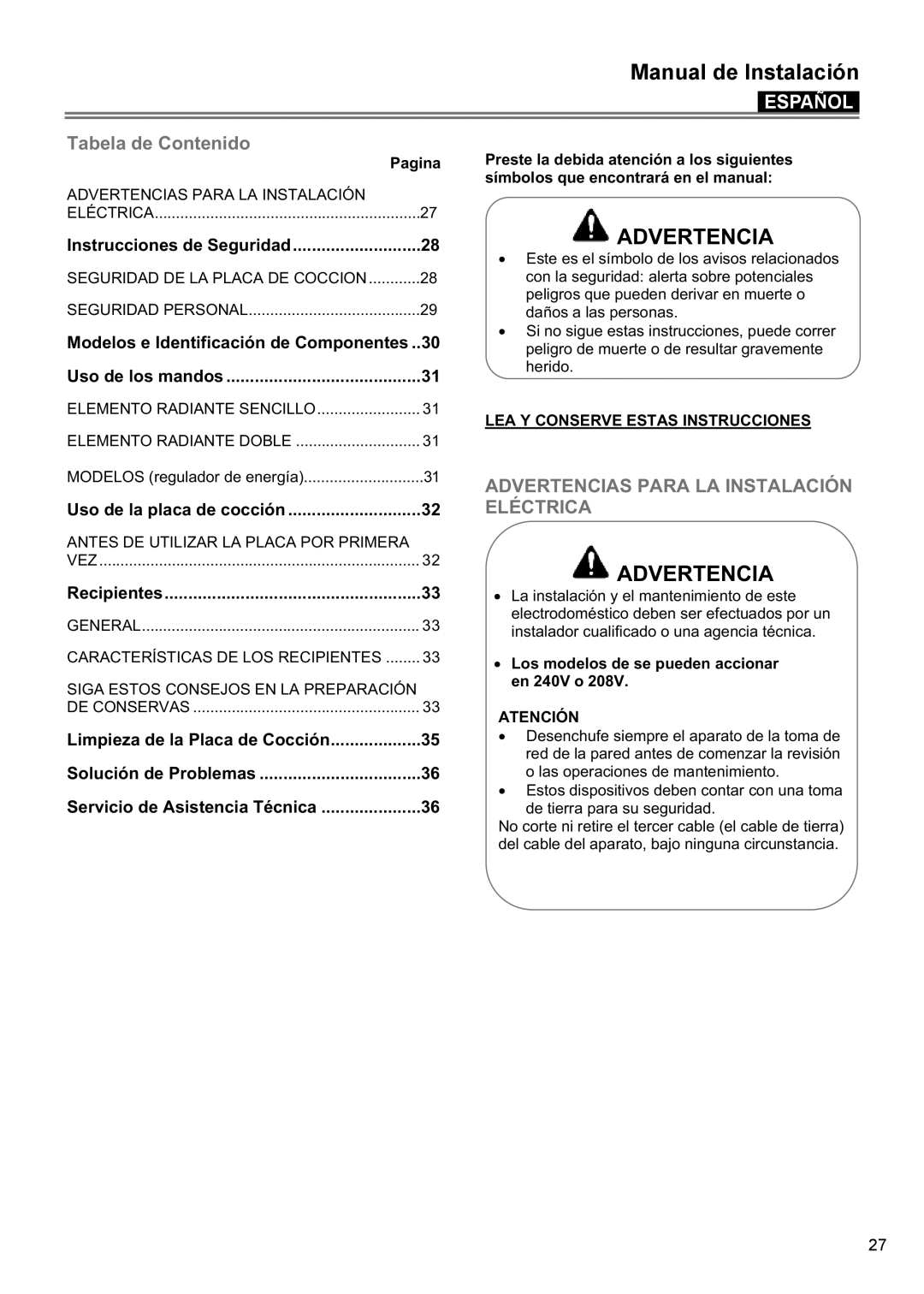 Bertazzoni P24 CER NE, P30 CER NE manual Tabela de Contenido, Advertencias Para LA Instalación, Eléctrica 