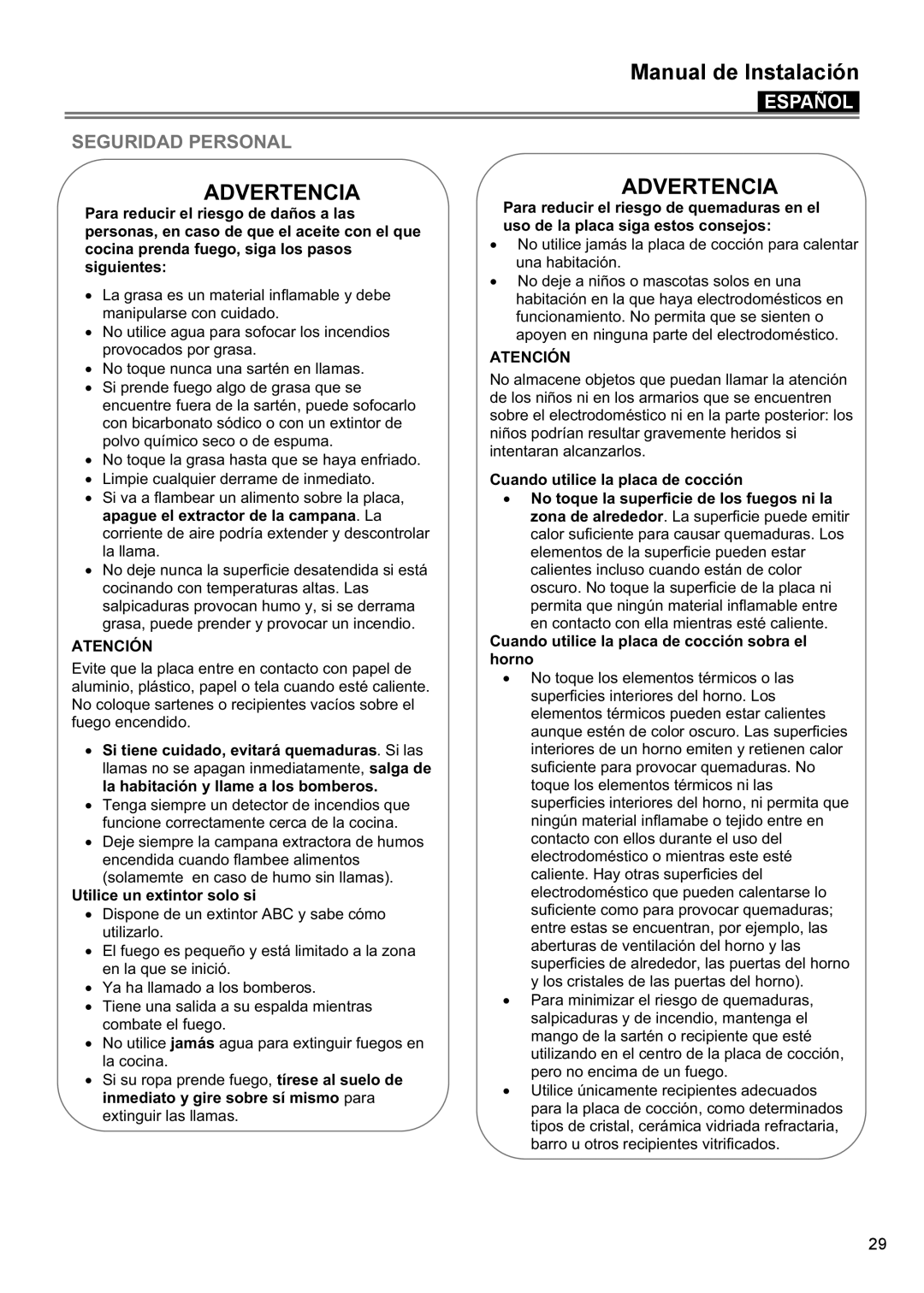 Bertazzoni P24 CER NE, P30 CER NE manual Seguridad Personal, Utilice un extintor solo si, Cuando utilice la placa de cocción 