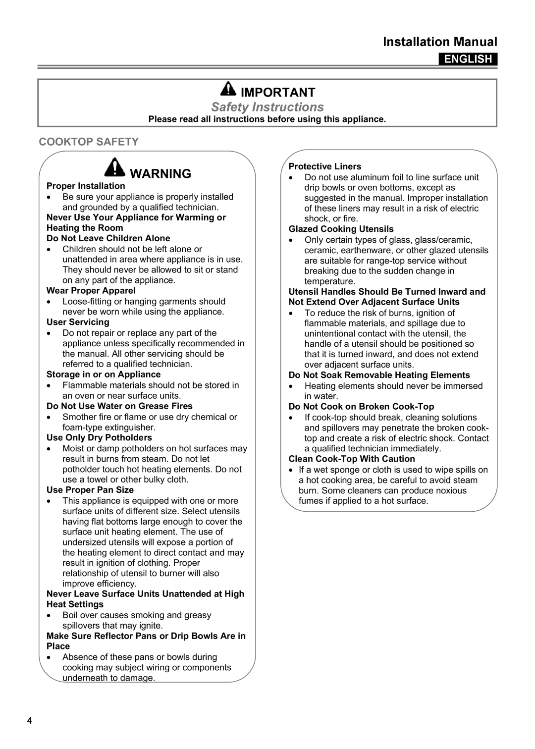 Bertazzoni P30 CER NE, P24 CER NE manual Safety Instructions, Cooktop Safety 