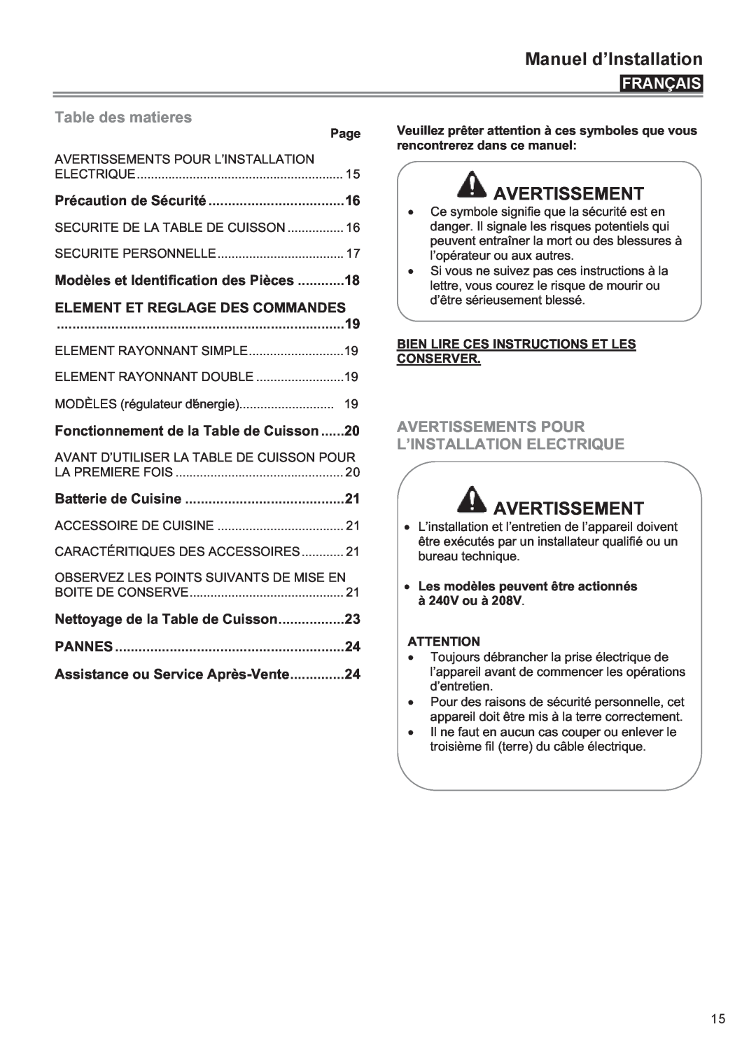 Bertazzoni P24 CER NE manual Français, Table des matieres, Avertissements Pour, L’Installation Electrique, Conserver 